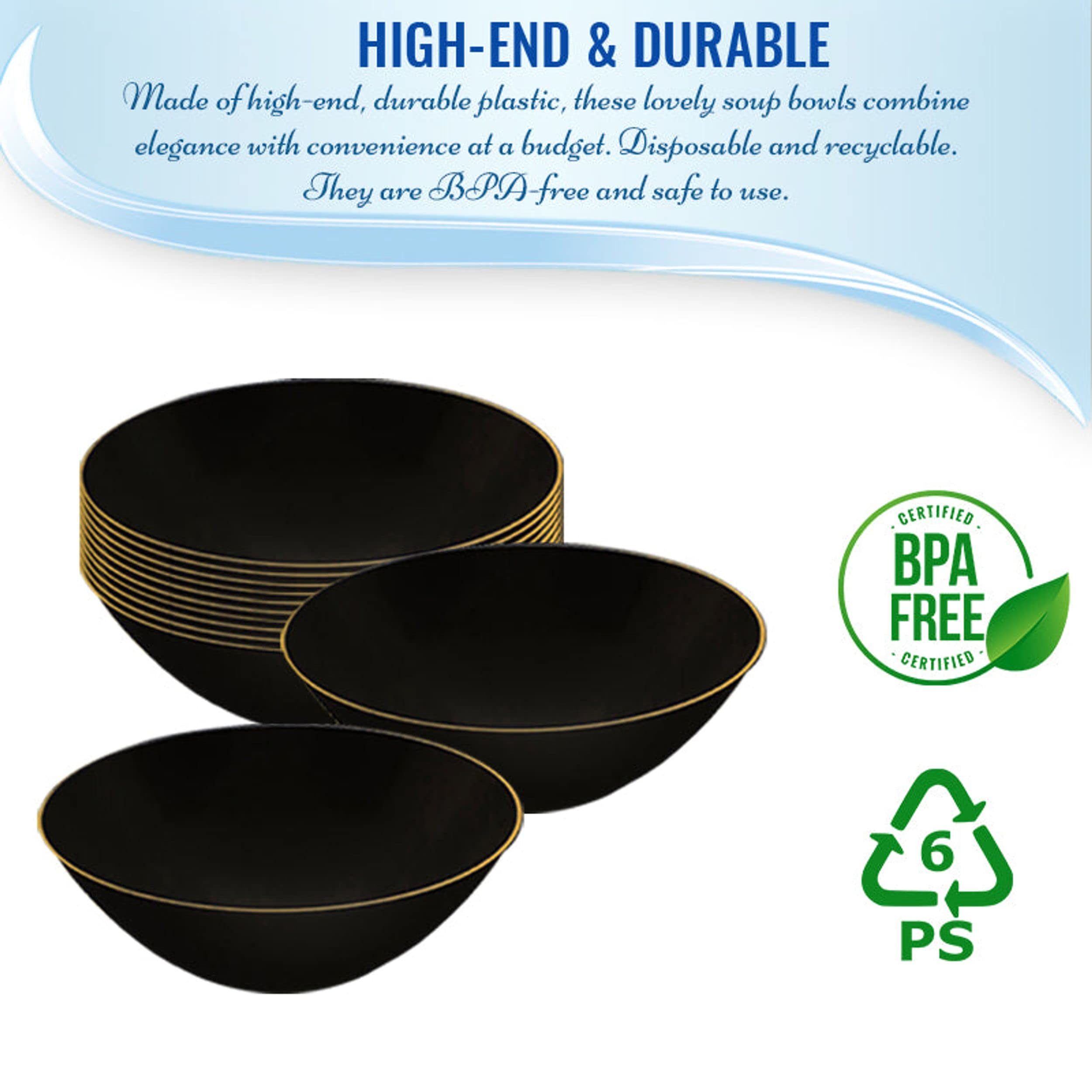 Eco-Friendly Disposable Plastic Plates with Elegant Rim Design - Bulk Round Dinnerware for Weddings, Birthdays & Special Events (Black & Gold, 60-Pack 32oz Bowls) - Perfect for Catering, Picnics & Party Decorations