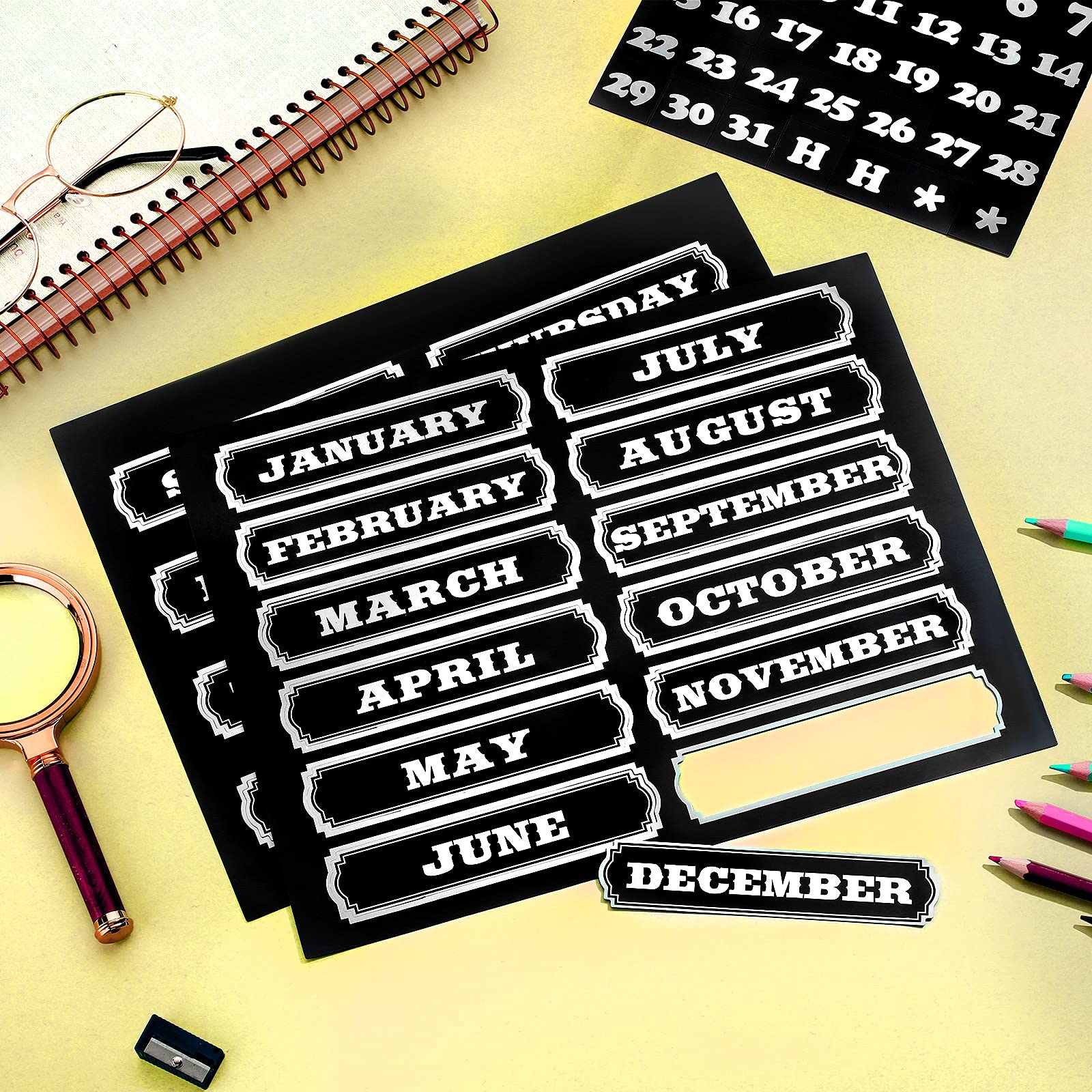 Flutesan Months of the Year Die-Cut Magnets with Chalkboard Days of the Week - Magnetic Calendar Date Indicators for Classroom, School & Office Organization - Perfect for Fridge, Whiteboard & Lesson Planning