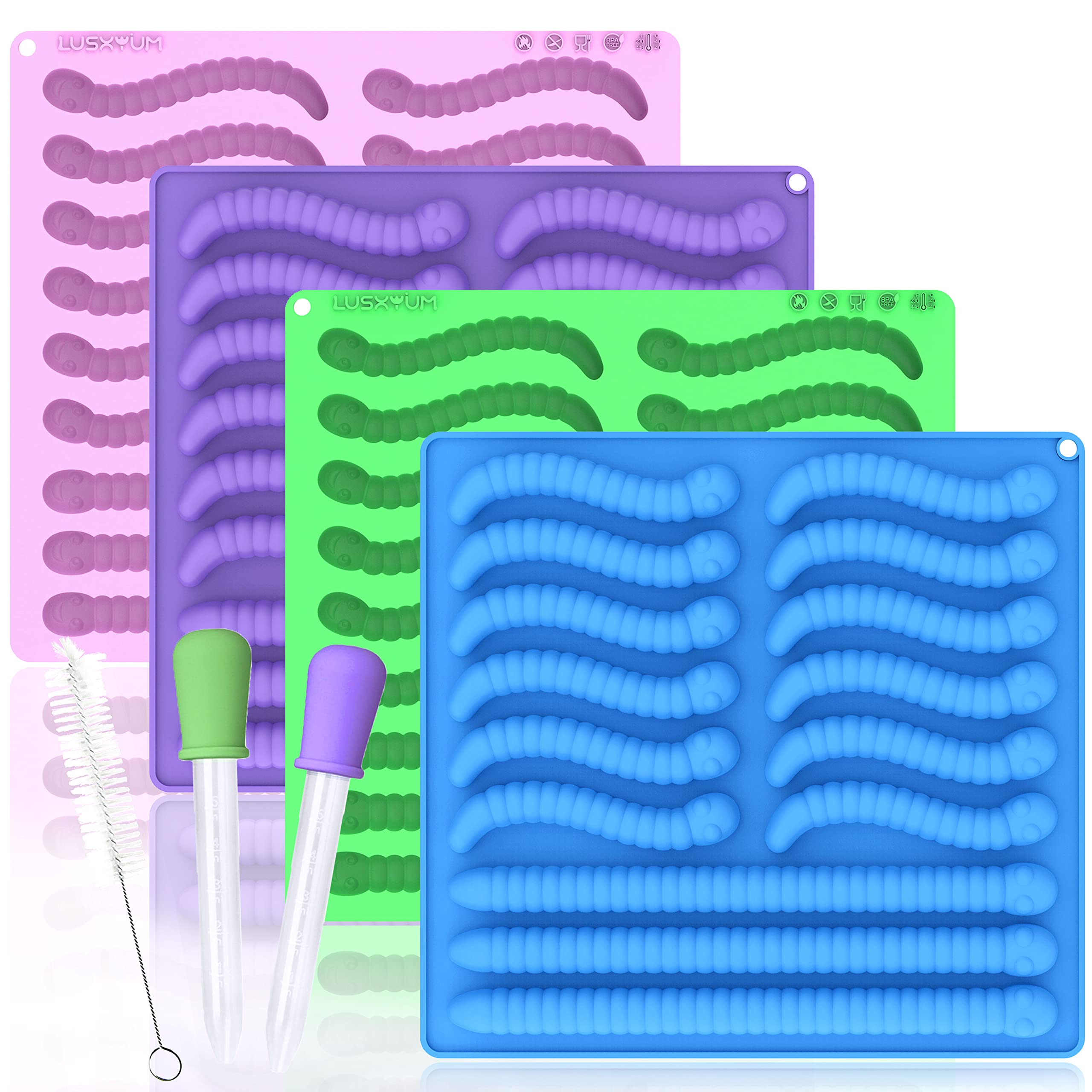 Premium Silicone Gummy Worm Molds Set (4PCS) - 60 Cavity Non-Stick Chocolate & Candy Molds in 6ML & 14ML Sizes with 2 Droppers & Brush - Perfect for Halloween Treats, DIY Candy Making, Kids Birthday Parties & Baking Gifts