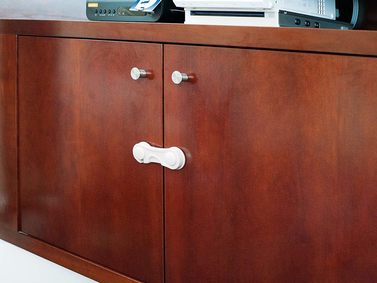 Amig Front Security Lock - Childproof Cabinet & Drawer Latch (White) - Prevent Accidental Opening for Baby Safety - Ideal for Kitchen, Bathroom & Nursery Childproofing