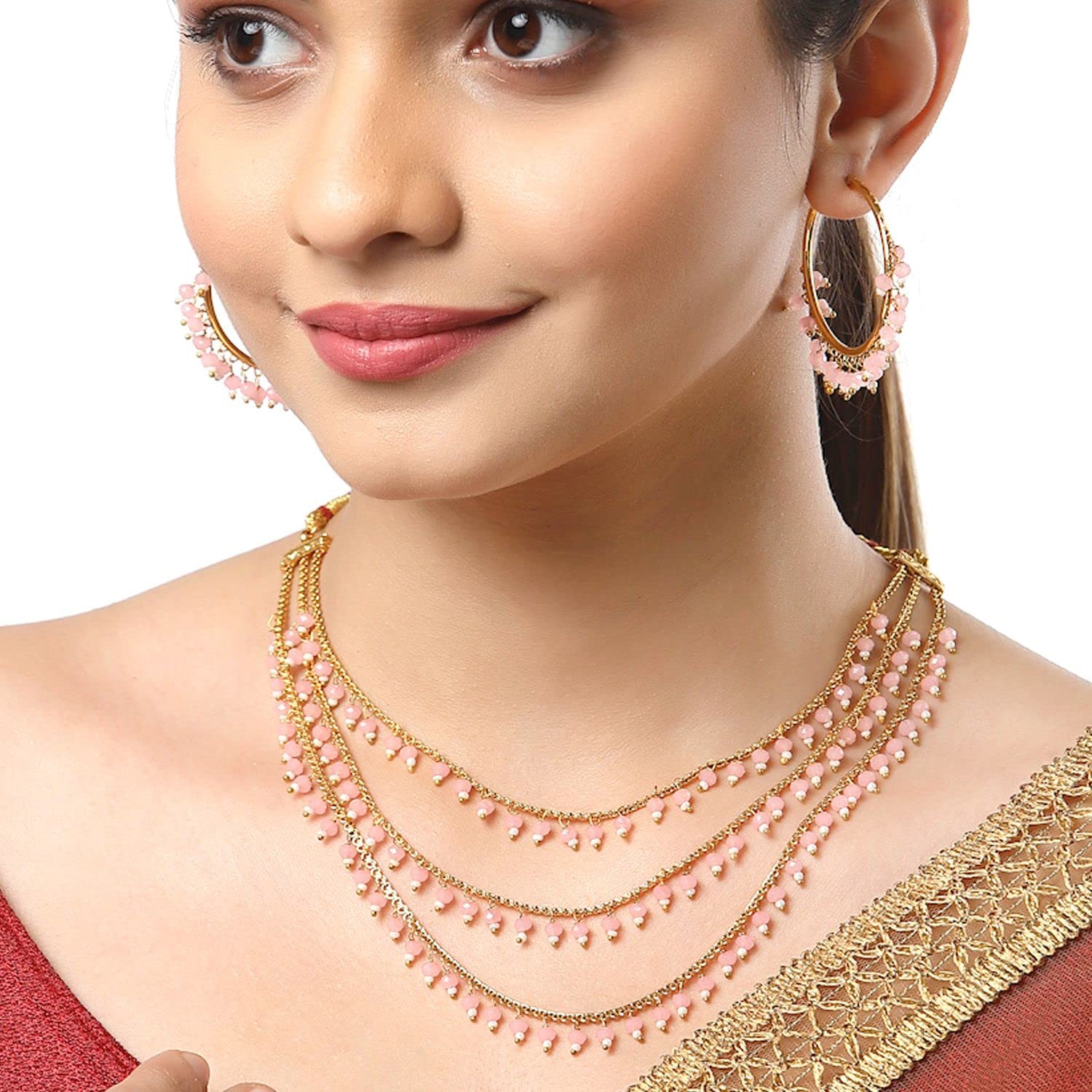KENNICE 3-Layer Multi-Color Pearl Gold-Plated Necklace & Earrings Set for Women | Traditional Bridal Jewelry, Party Accessories, Gift for Her, Anniversary Present