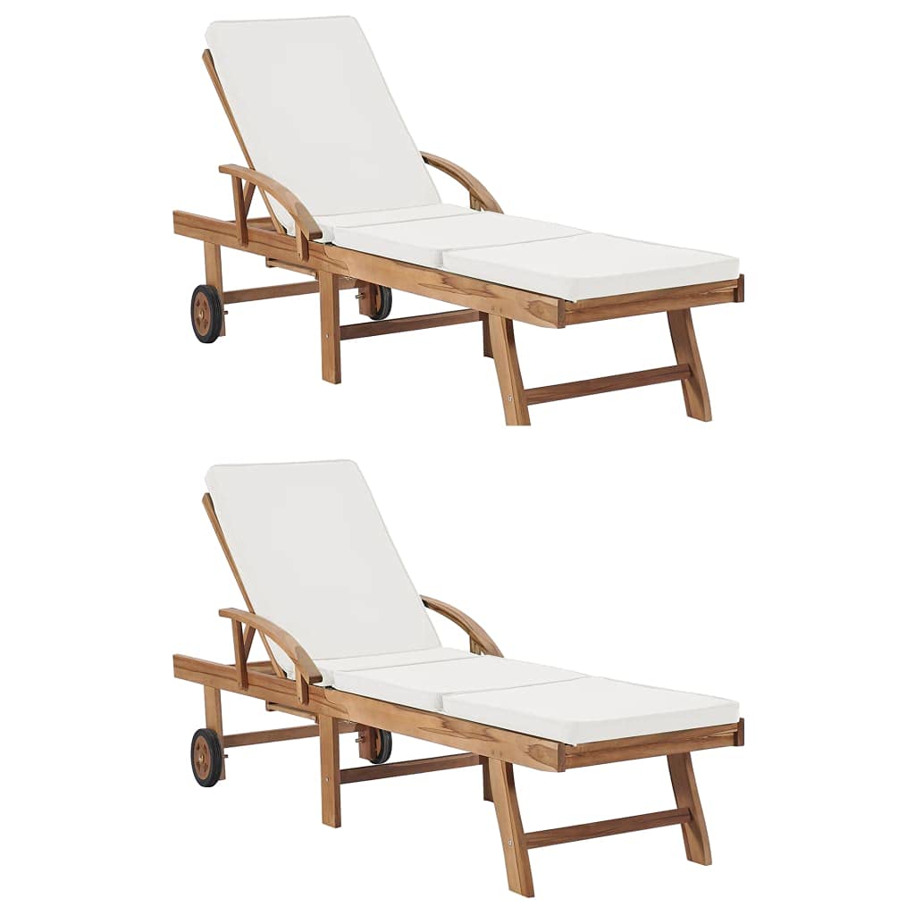 Premium Teak Wood Outdoor Recliner Sun Lounger with Cushions (Set of 2) - Cream Color - Perfect for Poolside, Beach, Patio, Garden, and Backyard Relaxation
