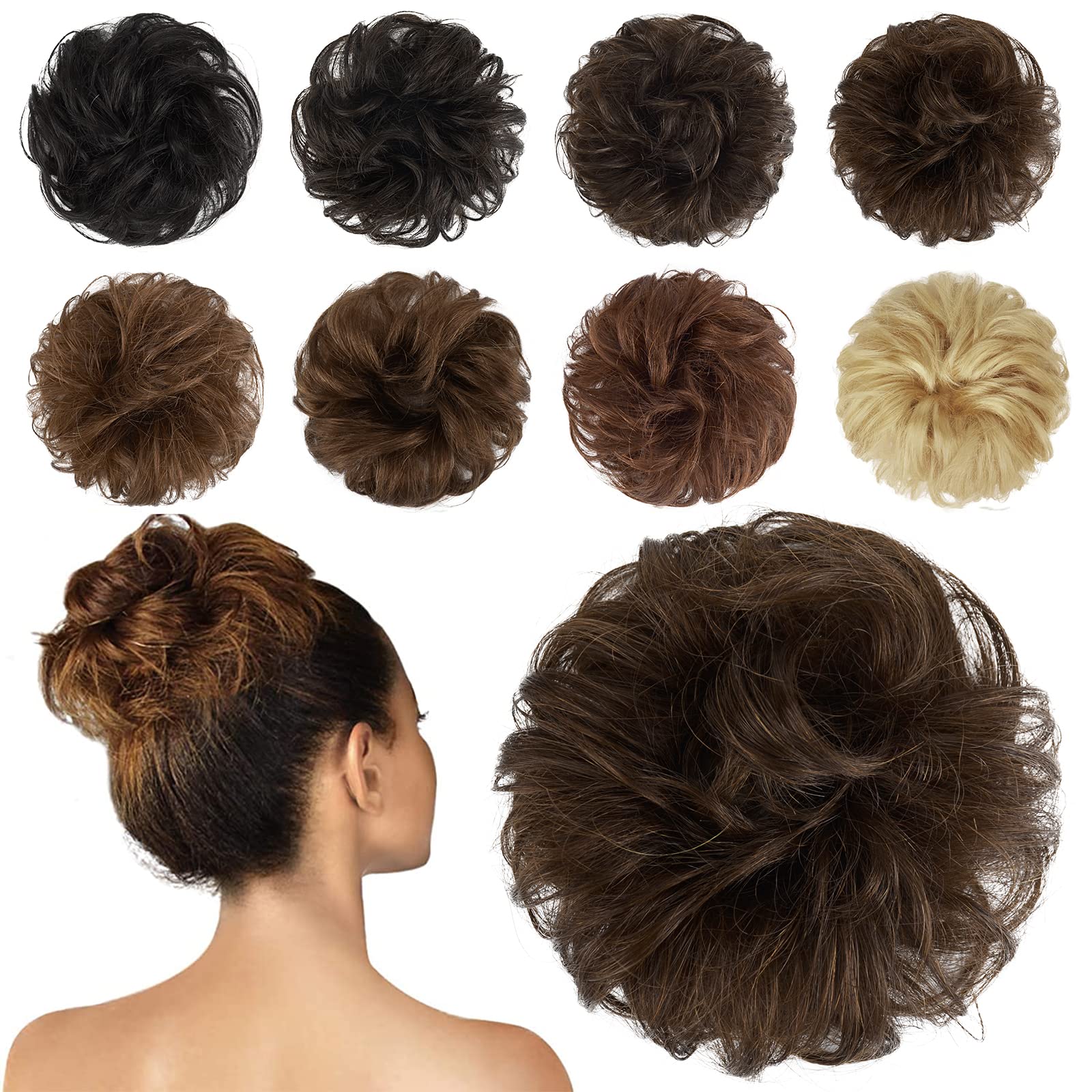 FESHFEN 100% Human Hair Messy Bun - Real Hair Scrunchies, Ponytail Extensions, Wavy Tousled Updo Chignon Hairpieces for Women (Medium Chestnut Brown) - Perfect for Weddings, Parties & Everyday Styling