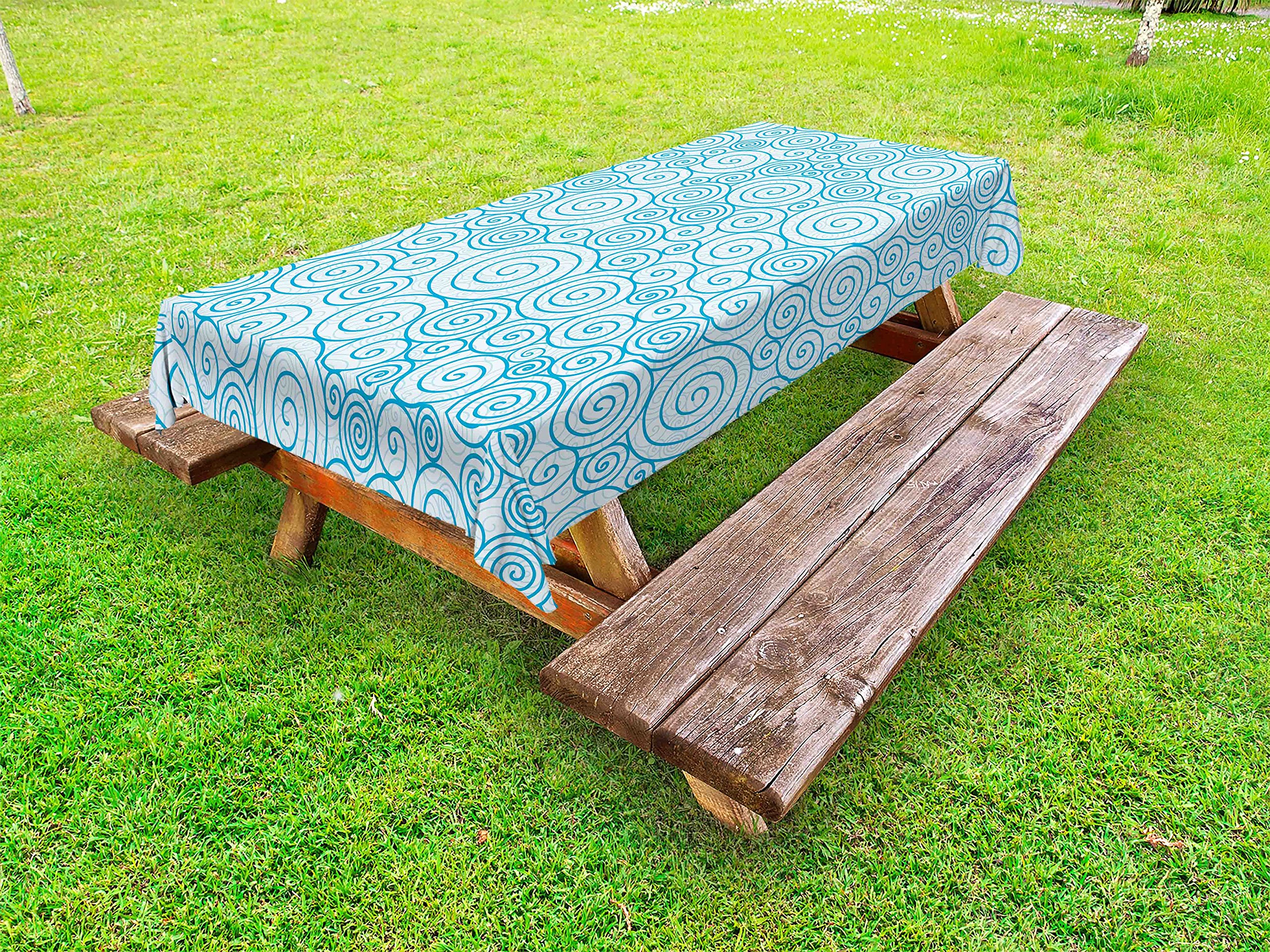 Ambesonne Blue and White Outdoor Tablecloth - Abstract Ocean Swirls Hand-Drawn Design, Waterproof Washable Picnic Table Cover 58x120 Inches - Perfect for Beach Parties, BBQs, and Outdoor Dining