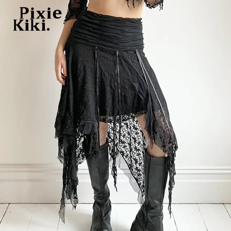 Black Lace Long Skirt - Low Rise Y2K Asymmetrical Skirt for Women | 2000s Vintage Style Summer Skirt | Perfect for Casual Wear, Night Out & Festival Outfits (P67 EZ20)