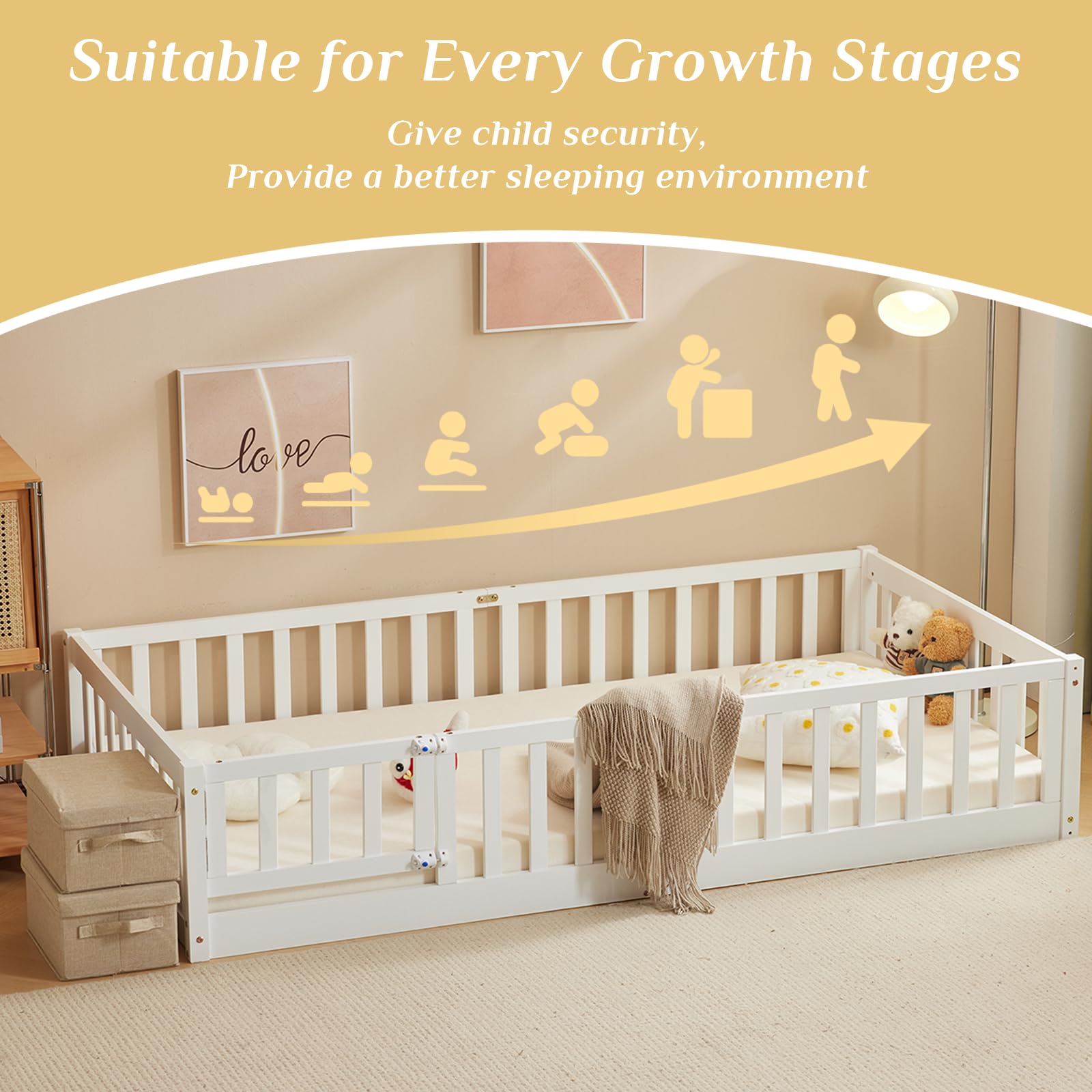 Montessori Toddler Floor Bed with Safety Door & Fence - Solid Wood Queen Bed Frame for Kids, 12 Slats & Guardrails - Perfect for Girls & Boys Bedroom (White) | Safe Sleep Solution for Montessori & Daycare Use