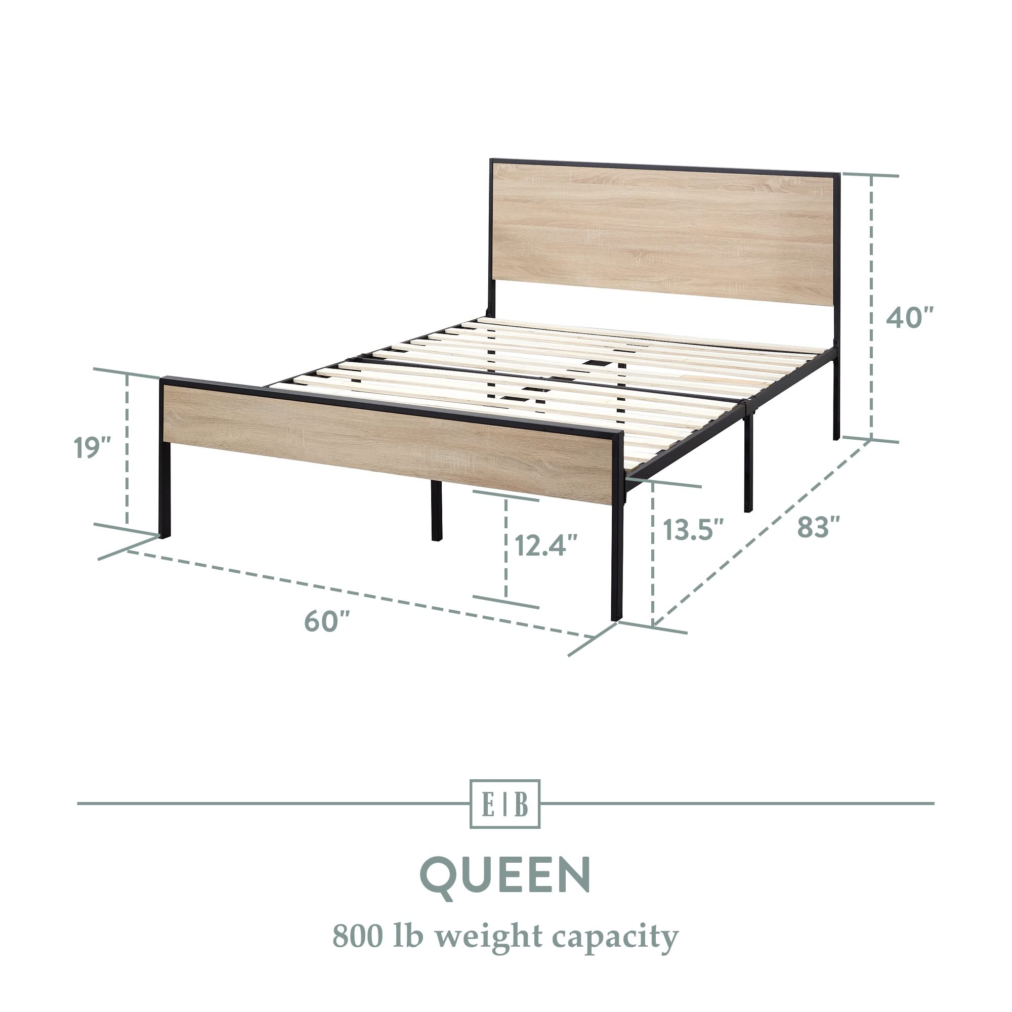 Edenbrook Queen Size Metal Platform Bed Frame with Wood Headboard & Footboard - White Oak Finish - No Box Spring Needed - Perfect for Modern & Minimalist Bedrooms