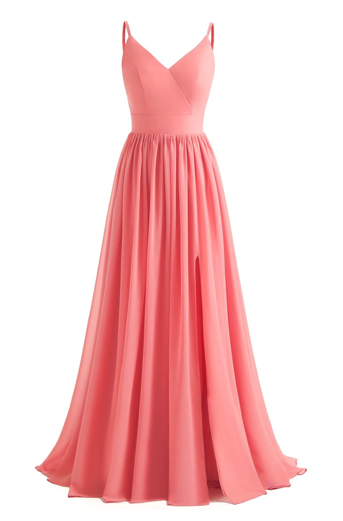 Elegant Spaghetti Strap Chiffon Bridesmaid Dress - Long V-Neck Prom Gown with High Slit for Women | Perfect for Weddings, Evening Parties & Formal Events