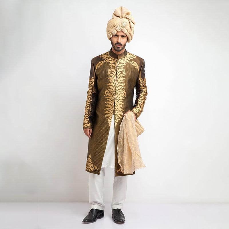 Antique Gold and Black Brocade Sherwani for Men | Elegant Indian Wedding Outfit | Traditional Ethnic Groom Attire for Ceremonies & Festivals