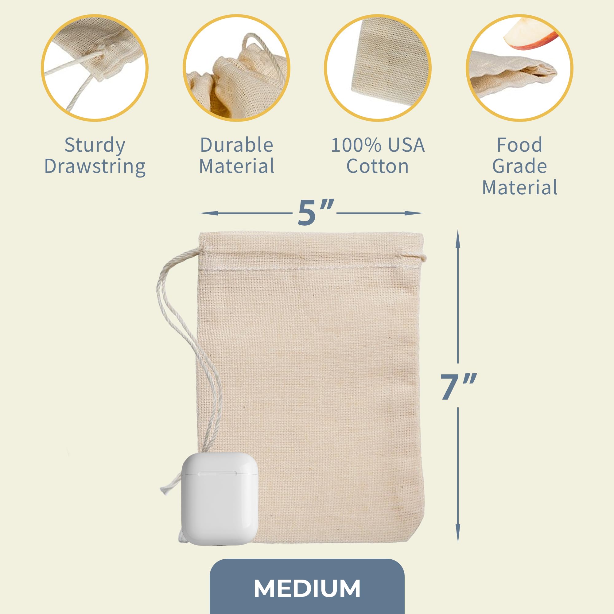 50pcs 5x7 Inch 100% Cotton Muslin Drawstring Bags | Natural Hem & Drawstring | Perfect for Party Favors, Wedding Gifts, Spice Storage & DIY Crafts | Made in USA