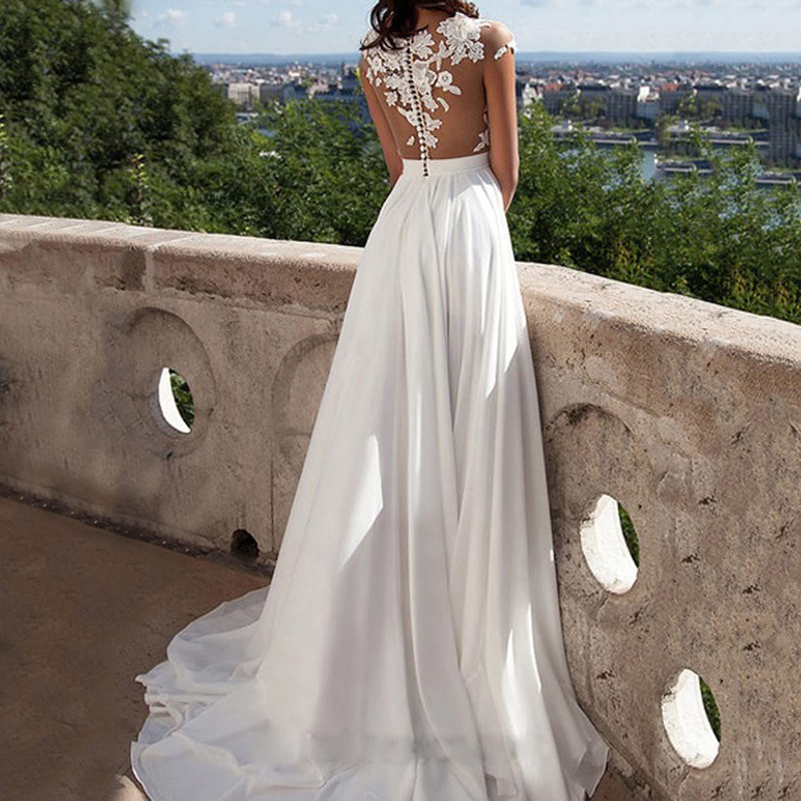 Elegant White Lace Wedding Dress for Women - V-Neck Long Bridal Gown with Crochet Details & Backless Design | Perfect for Beach Weddings, Evening Galas & Romantic Photoshoots