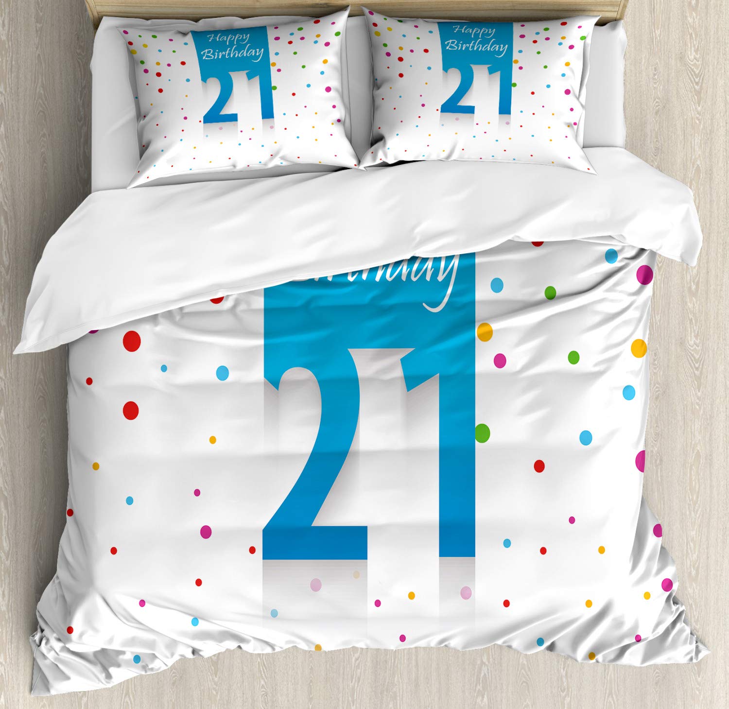 Ambesonne 21st Birthday Duvet Cover Set - Colorful Party Themed Bedding with Happy Birthday Celebration Print - 3 Piece California King Size Set Includes Duvet Cover & 2 Pillow Shams - Perfect for Birthday Decorations, College Dorm Room, or Fun Bedroom Makeover
