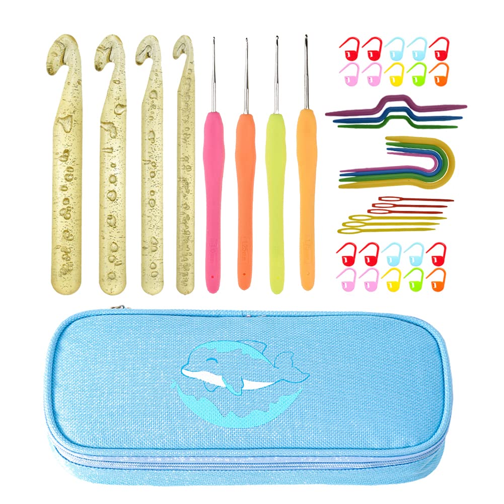 42-Piece Ergonomic Crochet Hooks Set with Storage Case - Soft Grip Knitting Needles for Yarn Crafting, DIY Weaving & Lace Making (Blue) | Perfect for Beginners, Amigurumi, Blankets & Scarf Projects