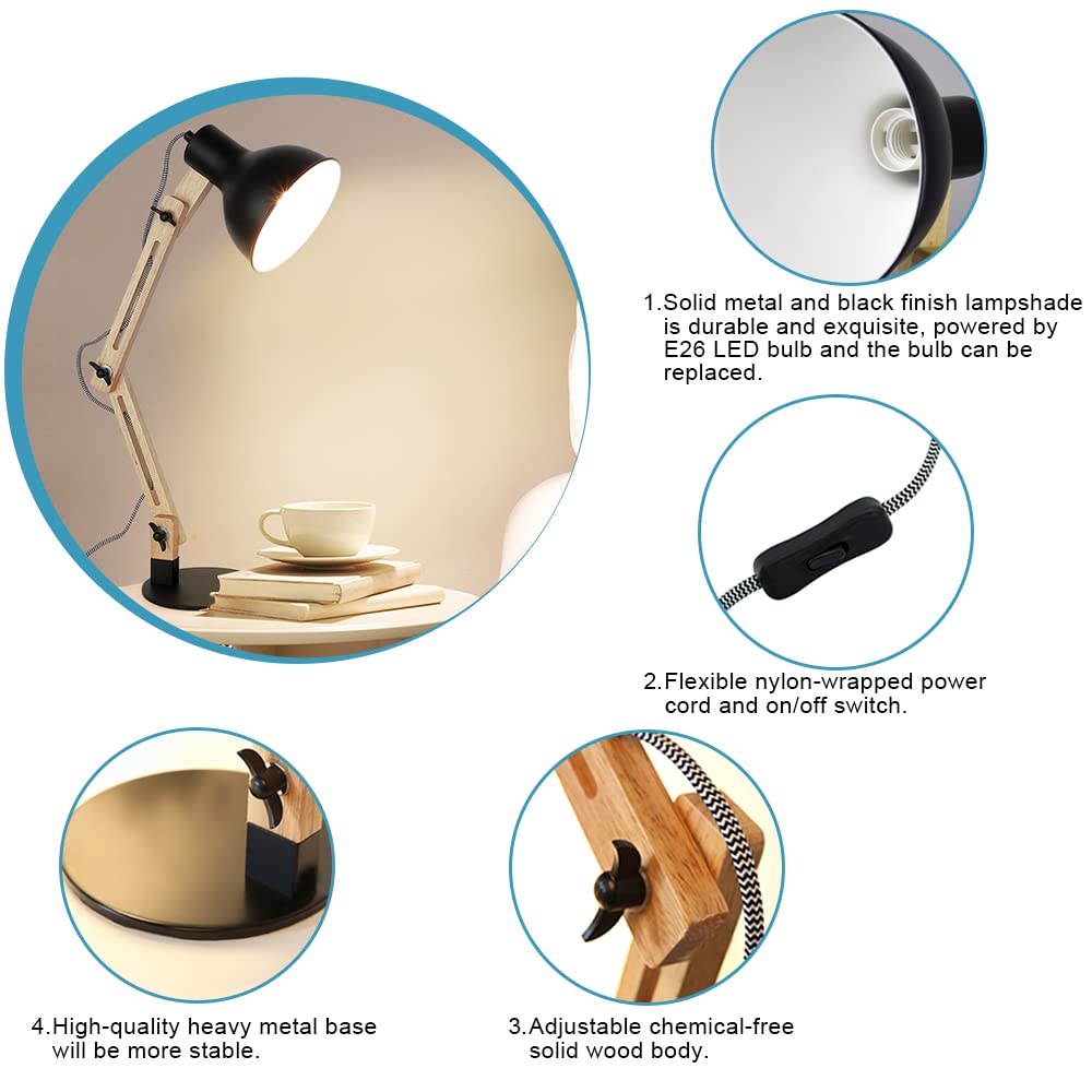 Modern Swing Arm Desk Lamp with Adjustable Wood Gooseneck - Architect Table Light for Home Office, Study, Bedroom & College Dorm - Includes E26 Bulb & Black Metal Shade - Perfect for Reading, Working & Nightstand Lighting