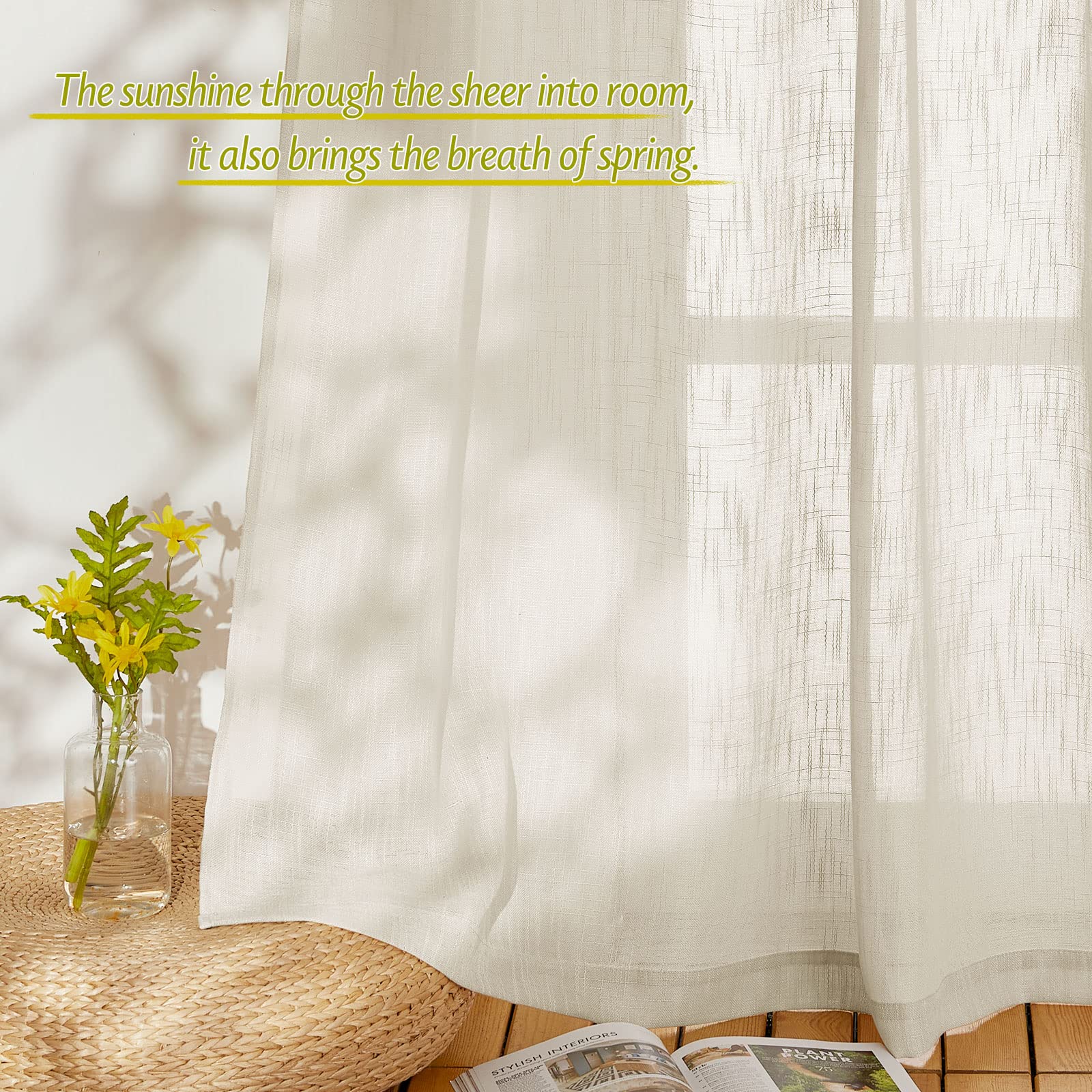 PONY DANCE 36 Inch Beige Kitchen Curtains - Semi Sheer Linen Textured Farmhouse Window Treatments with Grommet Top, Set of 2 Panels for Cafe, Bathroom, Bedroom & Small Windows | Perfect for Rustic, Modern and Farmhouse Style Decor