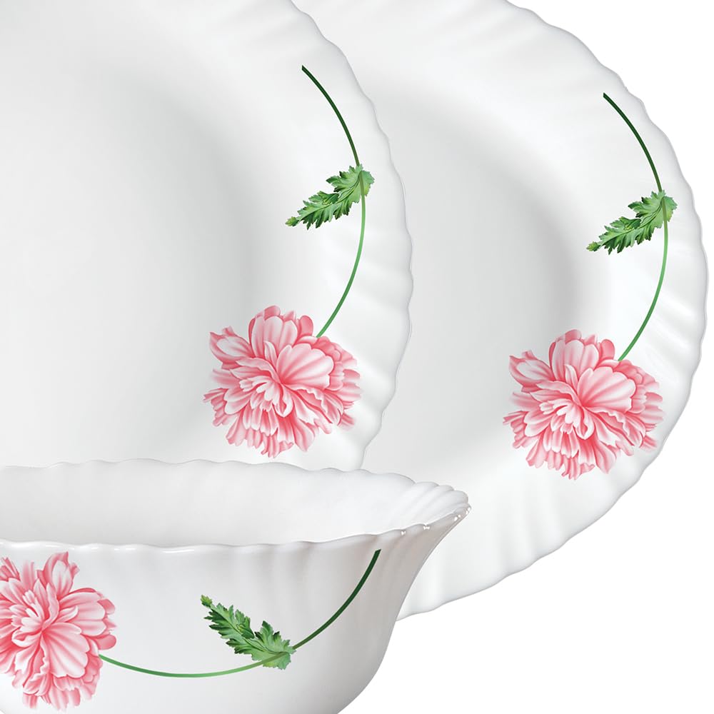Borosil Red Mist Fluted Opalware Dinner Set - 44 Piece Family Dinnerware for 8 | Microwave & Dishwasher Safe | Bone-Ash Free | Elegant White Plates & Bowls | Perfect for Daily Dining, Entertaining & Gift Giving