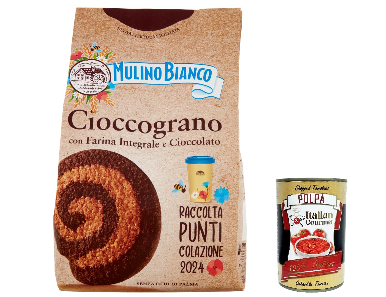 12x Mulino Bianco Cioccograno Whole Grain Chocolate Biscuits 350g - Italian Gourmet Cookies & 400g Tomato Pulp - Perfect for Breakfast, Snacks & Italian Cooking