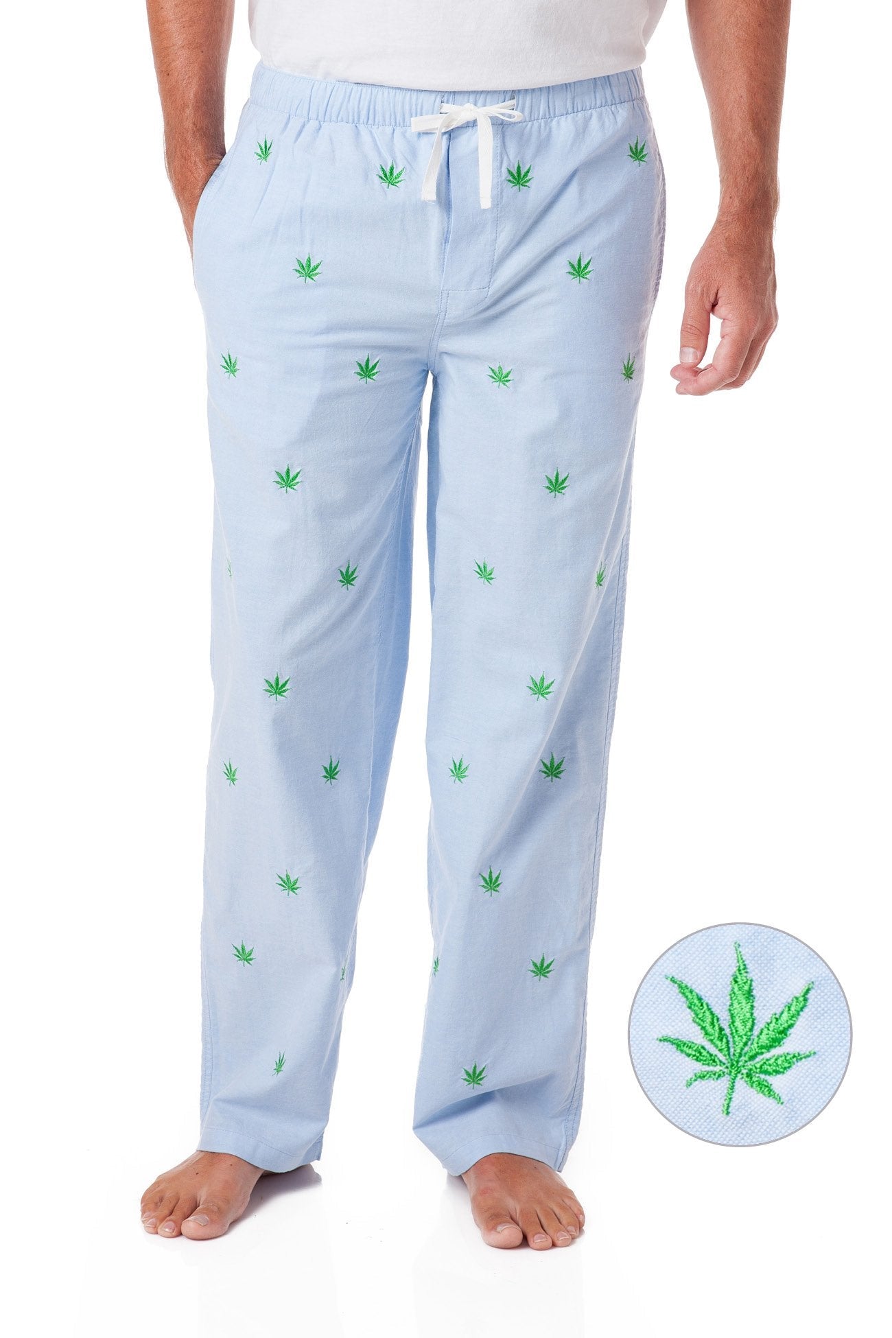 Blue Oxford Sleep Pants with Pot Leaf Design - Comfortable Lounge Pajama Bottoms for Relaxing at Home