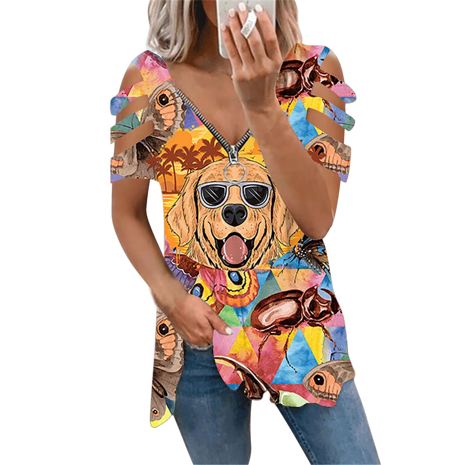 Women's Casual Printed V-Neck Off-Shoulder Short Sleeve Blouse - Loose Fit White T-Shirt Top for Summer Outfits, Beach Wear & Date Night