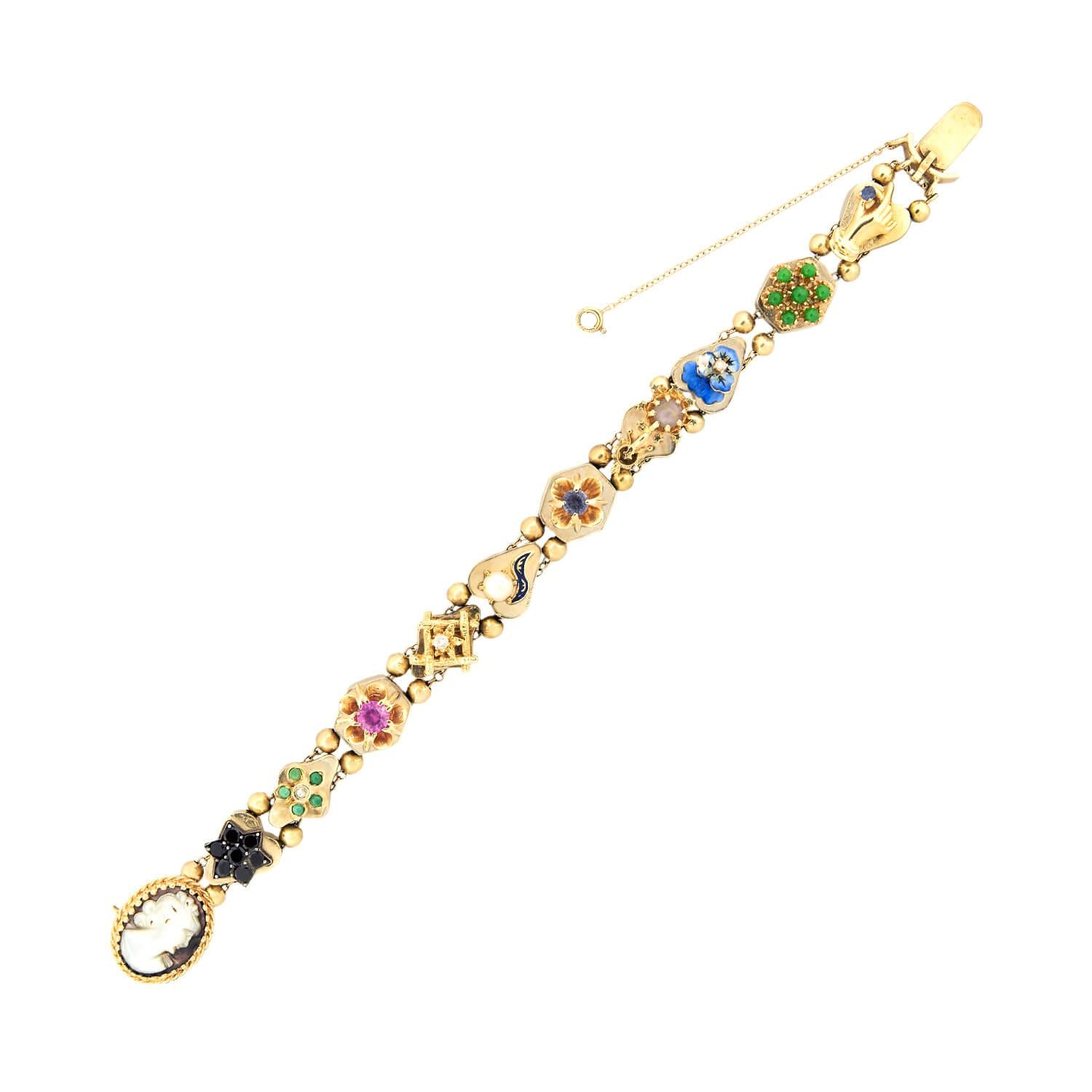 Vintage 14k Gold Multi-Charm Slide Bracelet for Women - Elegant Adjustable Dainty Jewelry Gift for Birthday, Anniversary & Special Occasions
