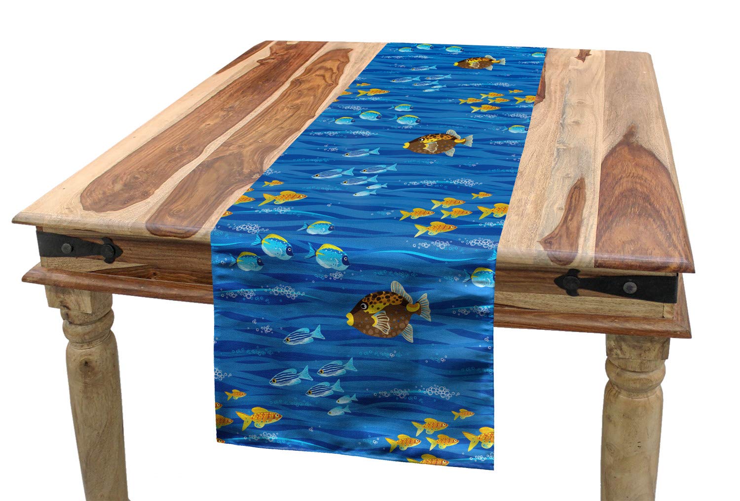 Lunarable Underwater Table Runner - Flock of Tropical Fish, Aquarium Waves & Bubbles Print - 16x72 Inch Cobalt Blue Multicolor Dining Table Decor - Perfect for Kitchen, Dining Room & Ocean-Themed Parties