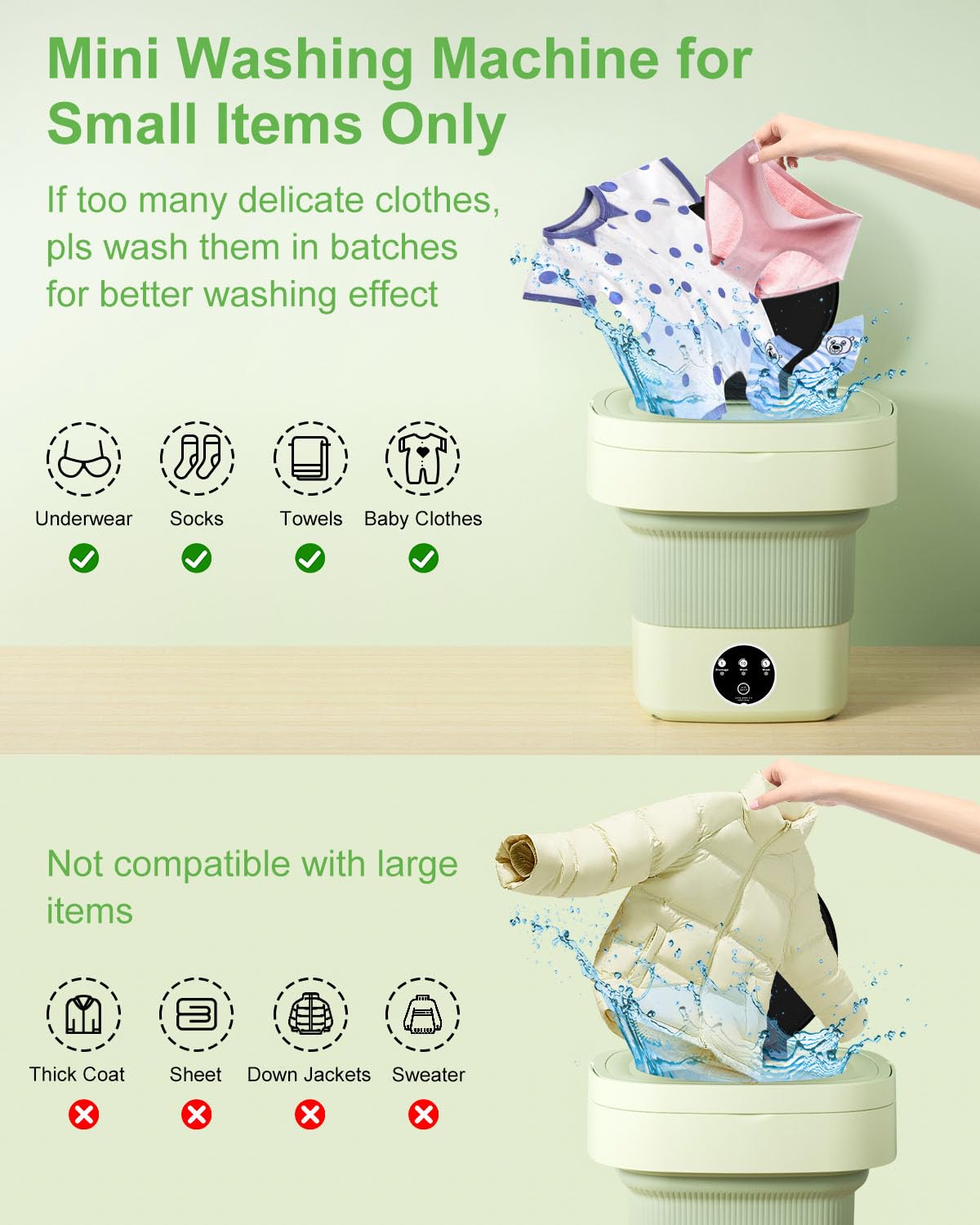 Portable Washing Machine 9L Mini Laundry Washer - 3 Wash Modes for Underwear, Baby Clothes, Socks & Delicates | Foldable Compact Washer Dryer Combo for Apartments, Homes, Hotels, Camping & RVs | Ideal for Small Spaces, Travel & Emergency Laundry (Green)