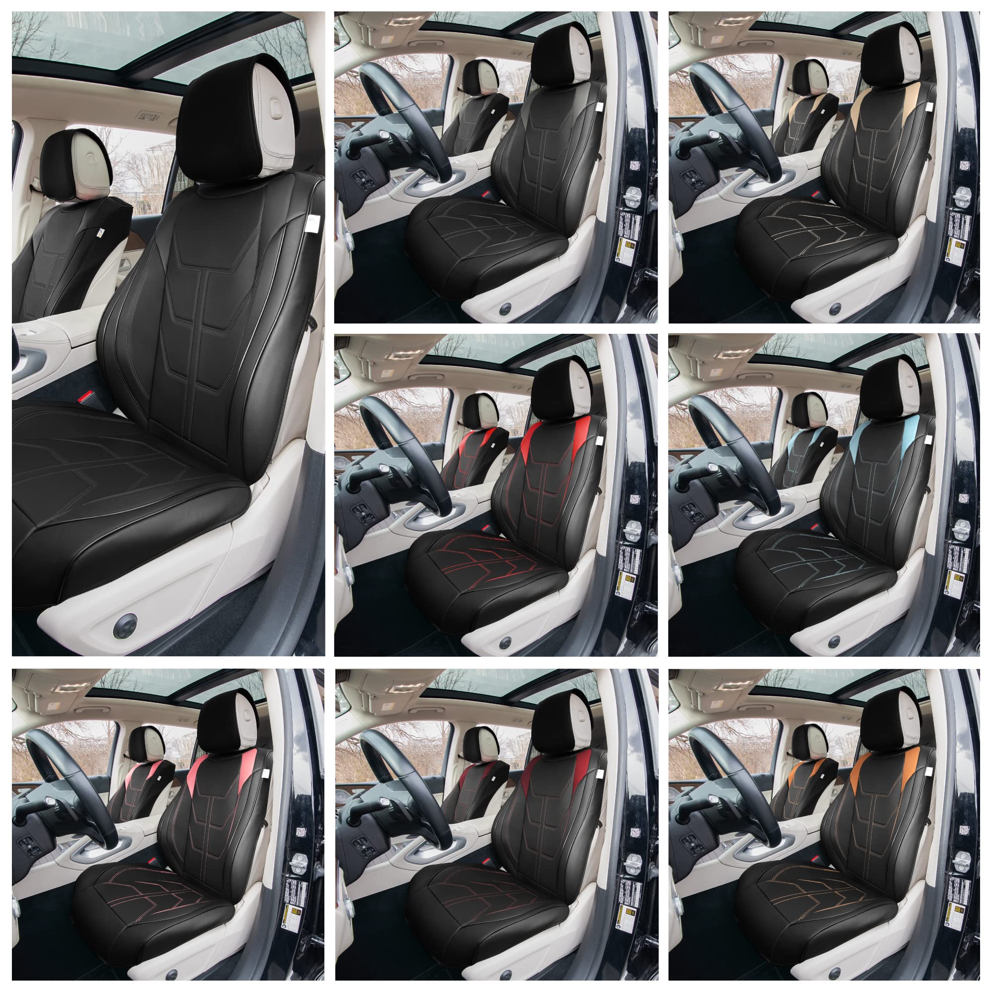Premium TLH Bionic70 Deluxe Faux Leather Red Car Seat Covers - 2-Pack Universal Fit Front Seat Protectors for Cars, Trucks & SUVs | Waterproof, Anti-Slip Cushion with Contrast Stitching | Perfect for Road Trips, Commuting & Pet Protection