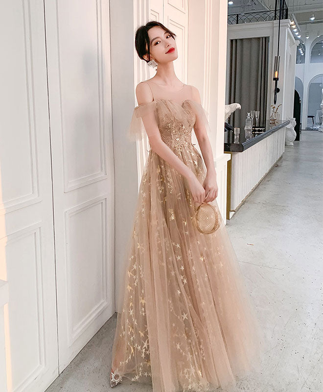 Elegant Champagne Round Neck Tulle Lace Long Prom Dress - Formal Evening Gown for Homecoming, Wedding, Ball & Special Occasions