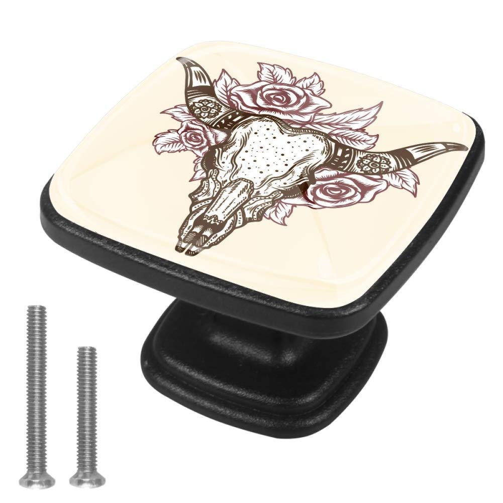 4 Pack Square Cabinet Knobs (30mm) - Hand-Painted Bull Design Drawer Pulls for Kitchen, Bathroom, Dresser & Cupboard - Rustic Farmhouse Decor Upgrade