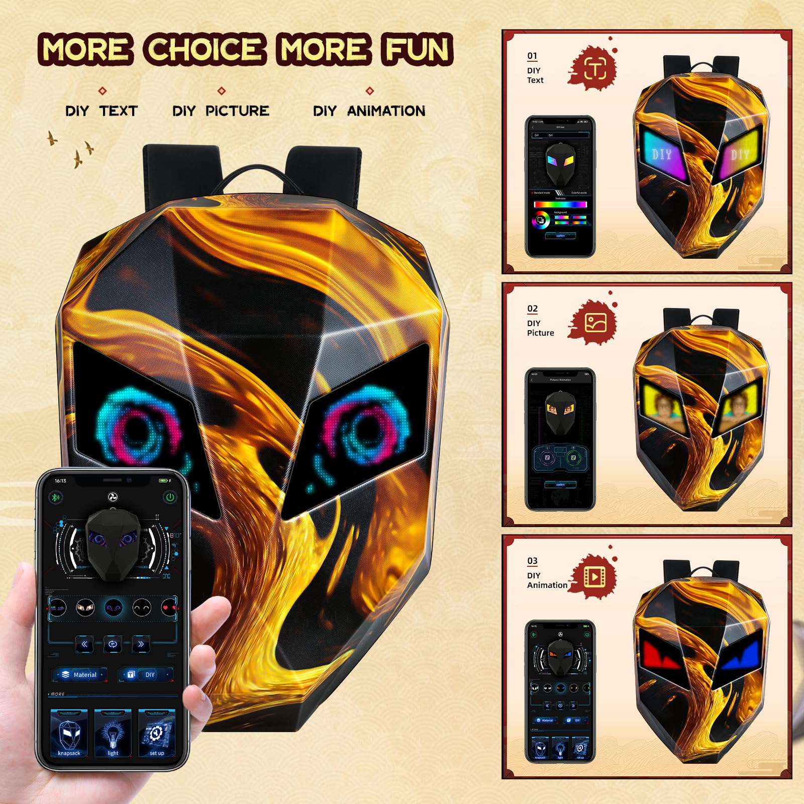 Gelrova Motorcycle Backpack for Men - LED Backpack with Programmable Screen, Hard Shell Waterproof Helmet Bag & Large Capacity Laptop Backpack (19inch) - Flaming Knight Design - Perfect for Commuting, Travel & Outdoor Adventures