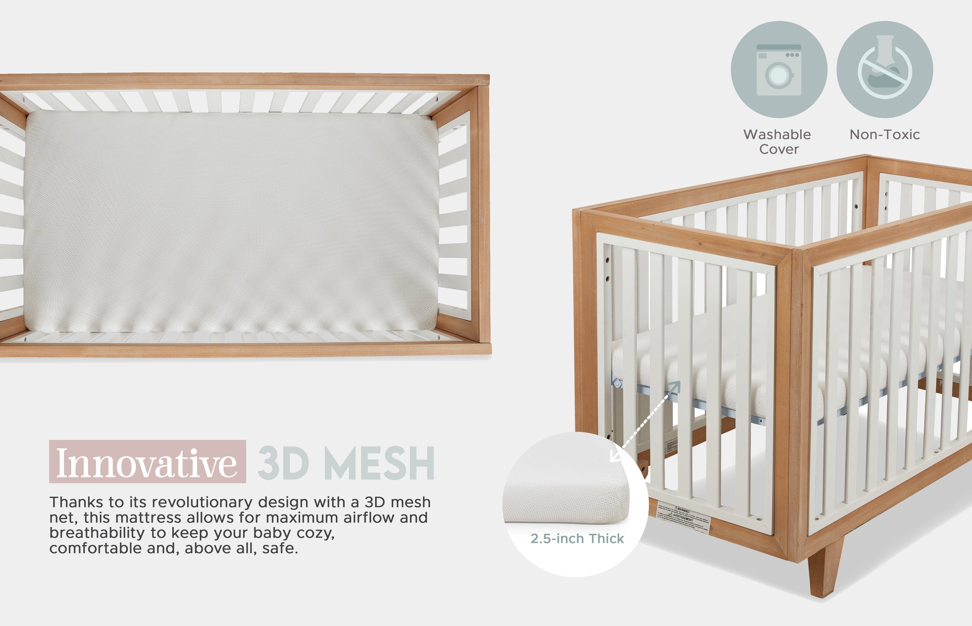 Numu AirMesh Crib Mattress - Breathable Baby Crib Mattress for Safe Sleep | Hypoallergenic & Waterproof | Perfect for Nursery, Daycare & Travel