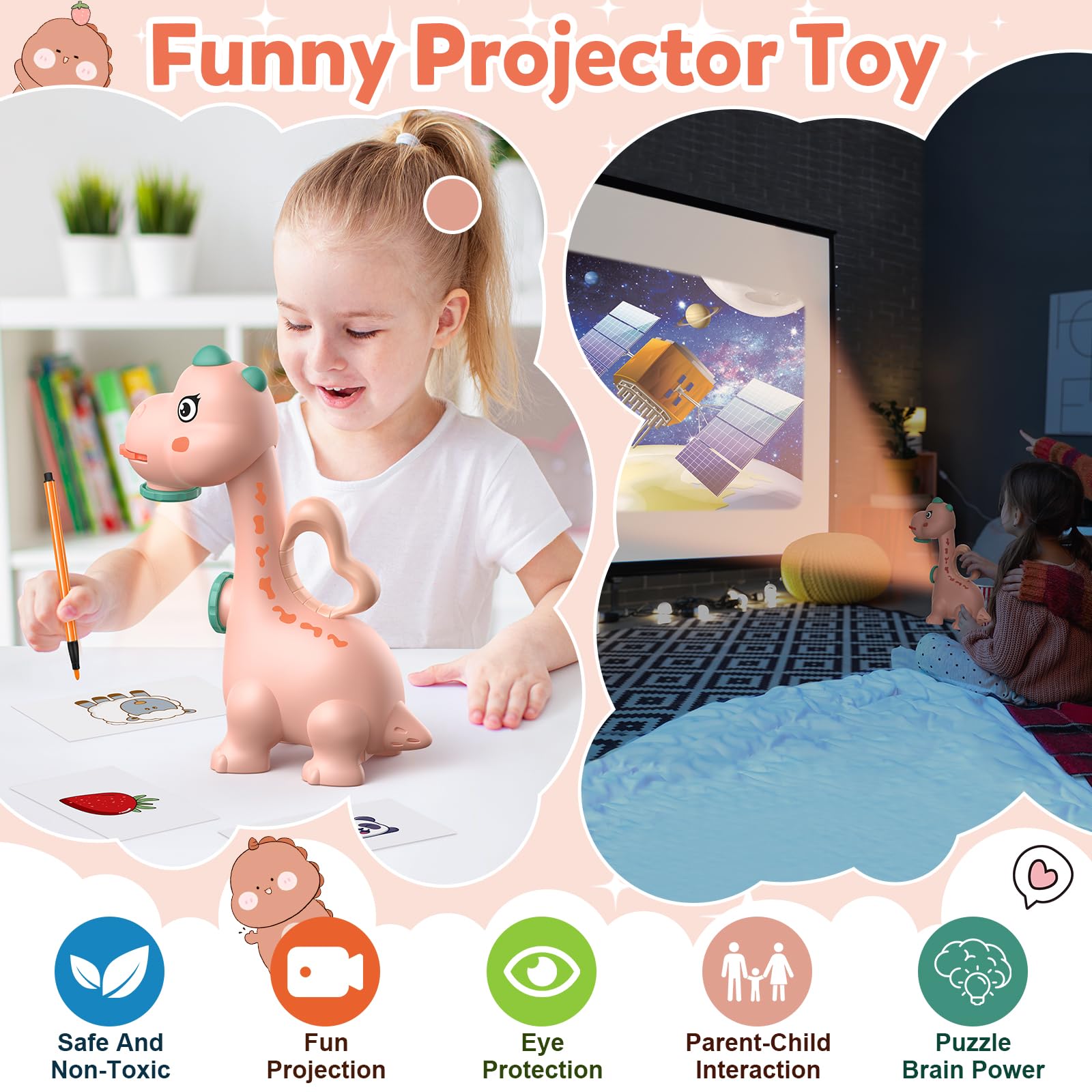 KETIEE Dinosaur Drawing Projector Toy for Kids Ages 5-7 - Smart Art Sketcher with 96 Stencils & 2 Projector Heads - Pink Tracing Toy for Girls - Perfect for Creative Play, Birthday Gifts & Educational Activities