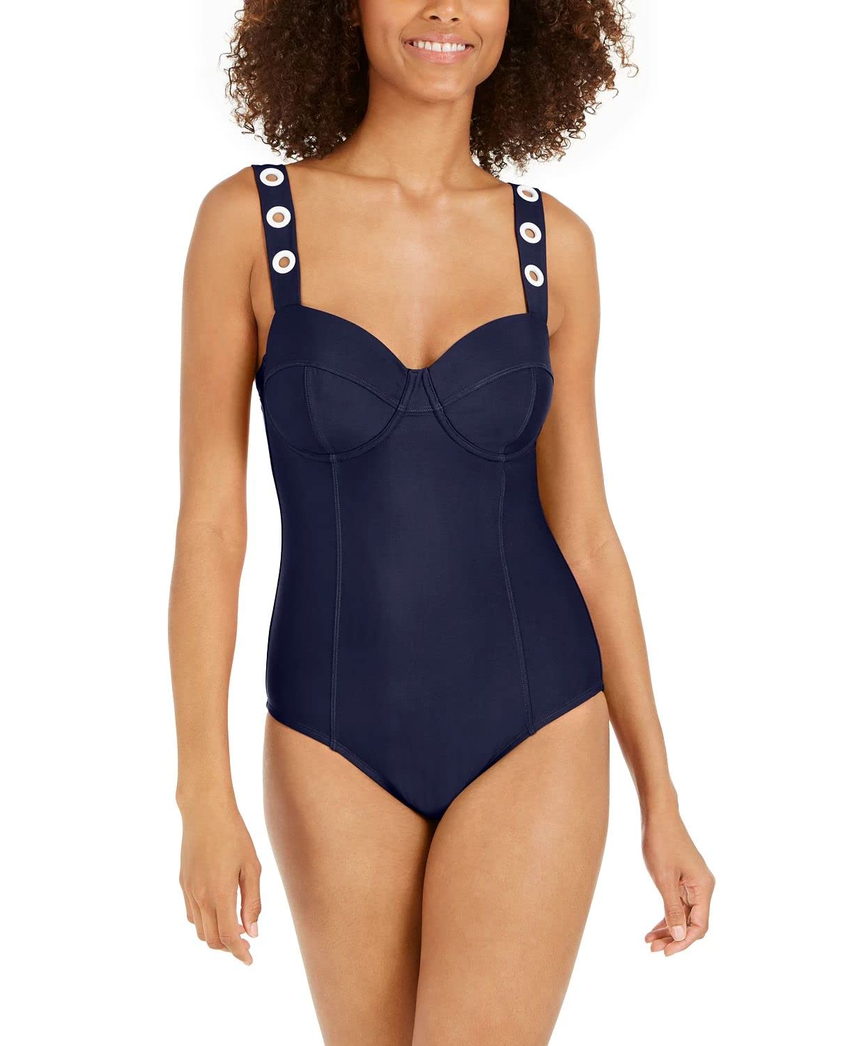 DKNY Women's Navy Blue Underwire One-Piece Swimsuit with Grommet Detail - Size 12 | Perfect for Beach Vacations, Pool Parties & Summer Getaways