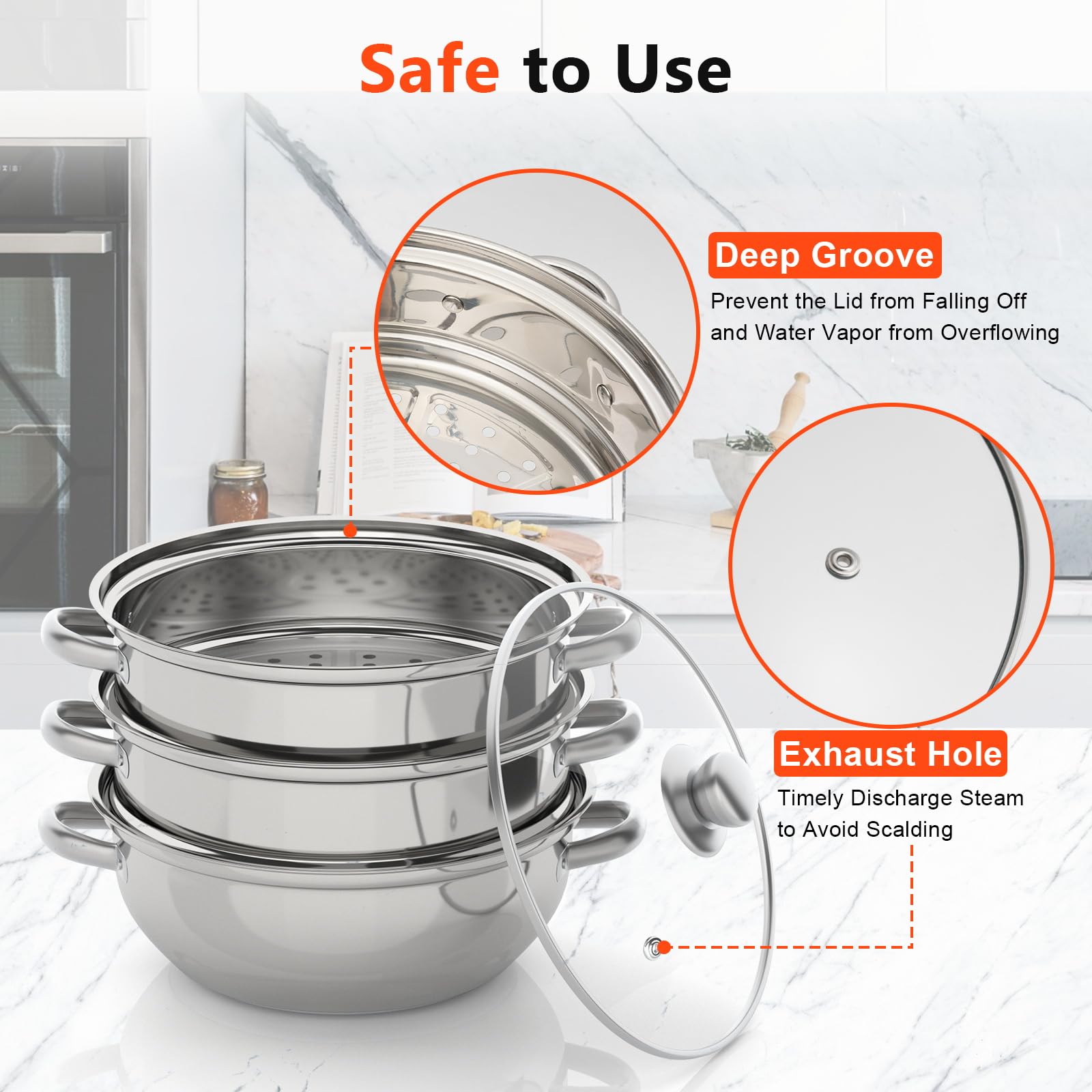 3-Tier Stainless Steel Steamer Pot with Explosion-Proof Glass Lid - 11 Inch Stackable Cookware Set for Induction, Gas & Electric Stoves - Perfect for Steaming Vegetables, Seafood and Dumplings at Home