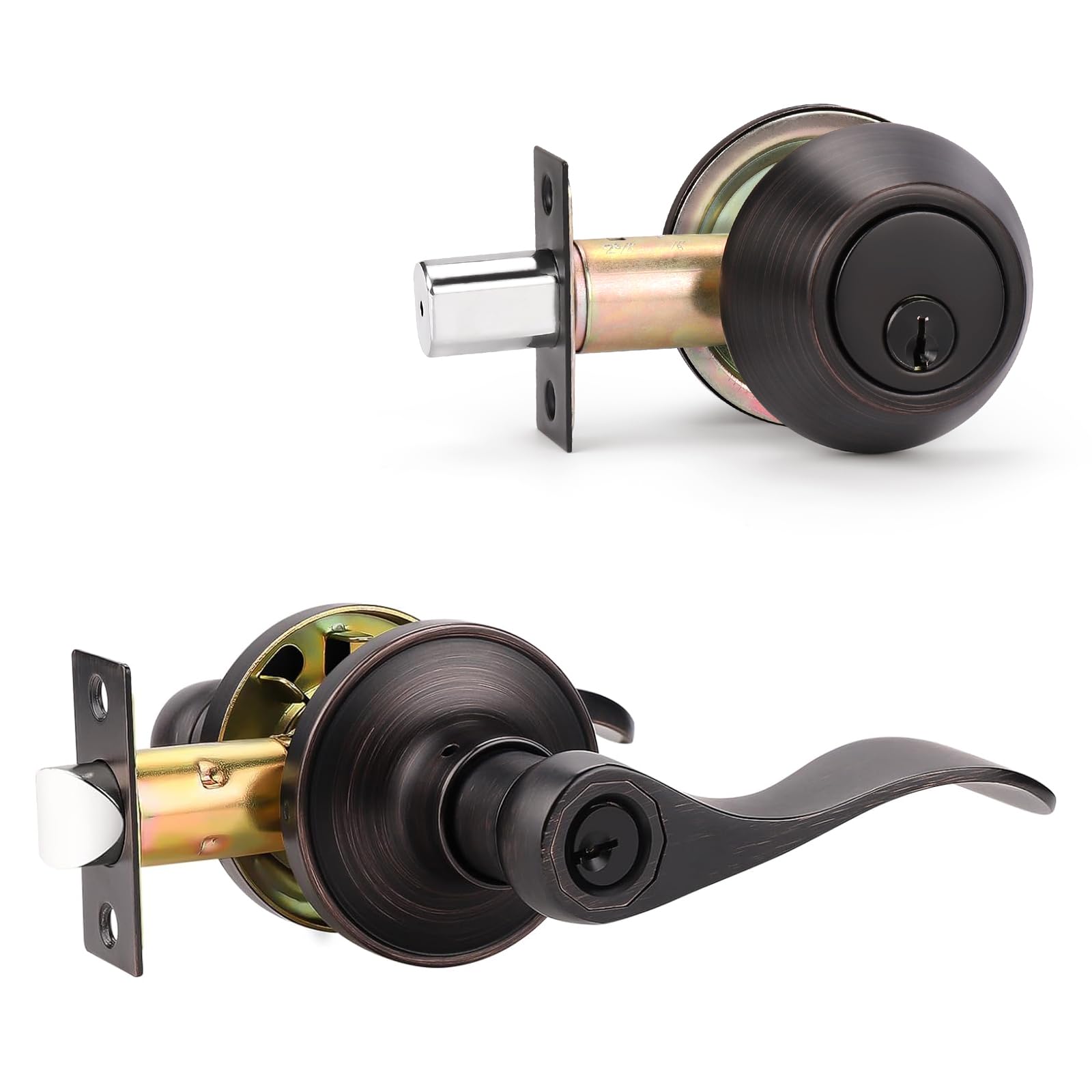 KNOBWELL 5-Pack Single Cylinder Deadbolt & Entry Door Lever Lock Set - Oil Rubbed Bronze Finish, Keyed Alike (Same Keys) | Secure Your Home, Office & Rental Properties with Matching Lock System