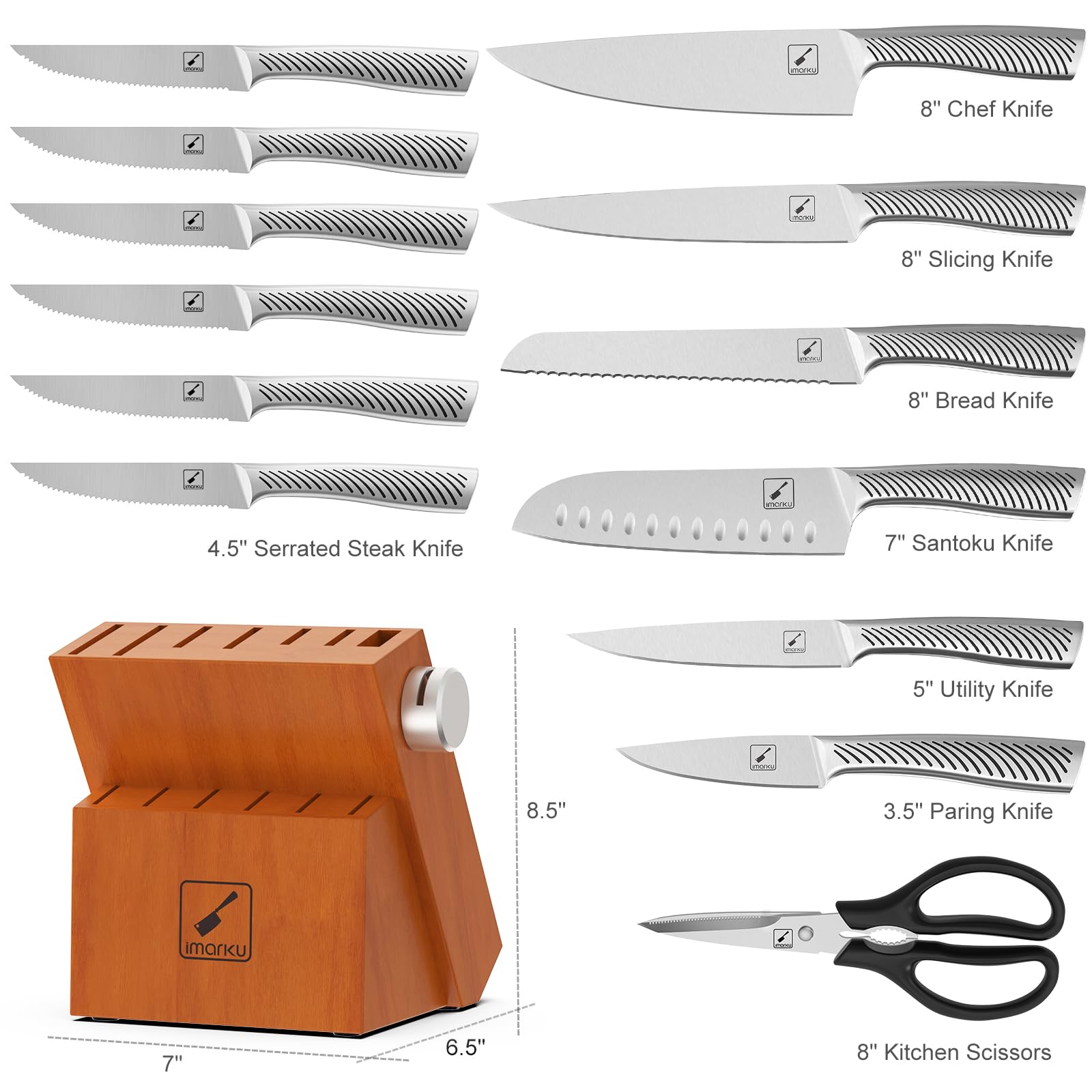 IMARKU 14-Piece Professional Stainless Steel Kitchen Knife Set with Wooden Stand & Sharpener - Perfect for Home Chefs, Cooking Enthusiasts & Mother's Day Gifts