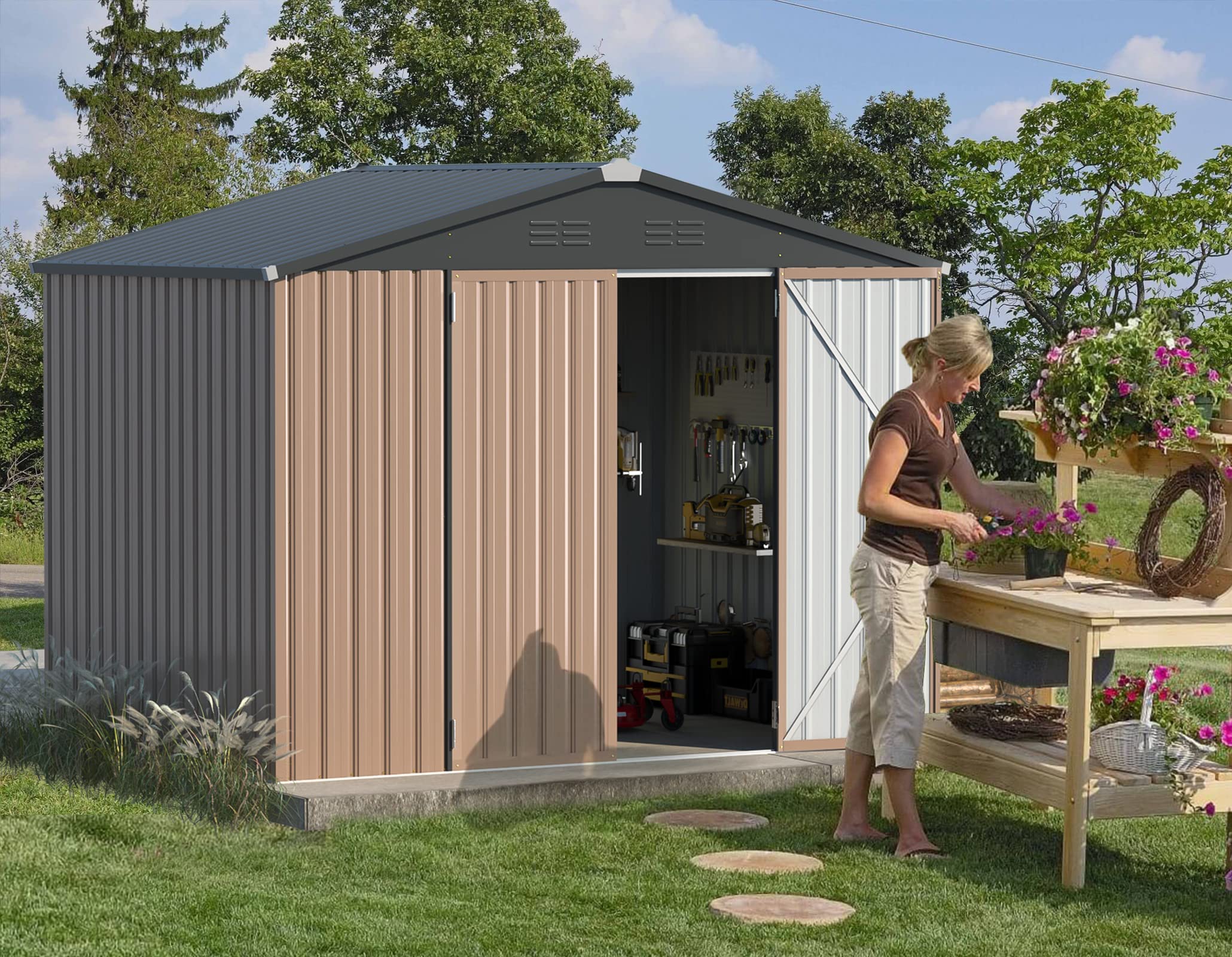 AECOJOY 8' x 6' Outdoor Metal Storage Shed - 53 Sq.Ft Steel Garden Shed with Lockable Doors | Weather-Resistant Utility & Tool Storage for Backyard, Patio, Garage Organization | Perfect for Lawn Equipment, Gardening Tools & Seasonal Items
