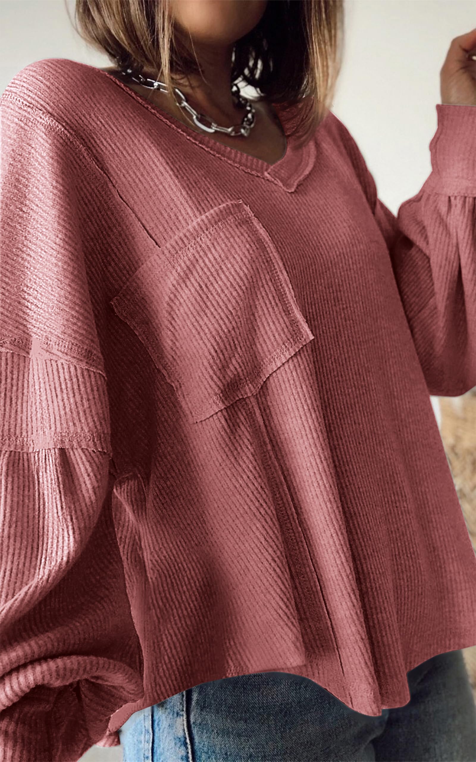 BTFBM Women's Ribbed Long Sleeve T-Shirt - V Neck Pullover Knit Blouse, Loose Fit Tunic Top for Spring & Summer 2025 | Casual Outfits, Layering, Office Wear & Weekend Style