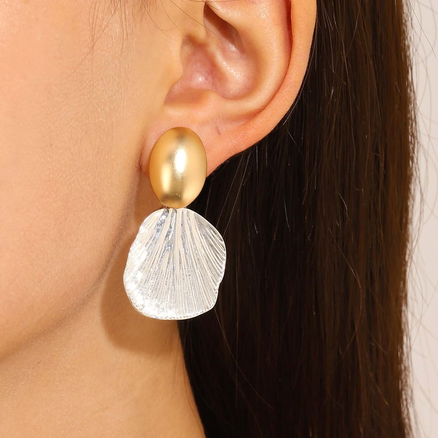 Textured Two Tone Abstract Fan Shaped Shell Drop Earrings for Women | R2690 | Boho Beach Wedding Party Jewelry Gift