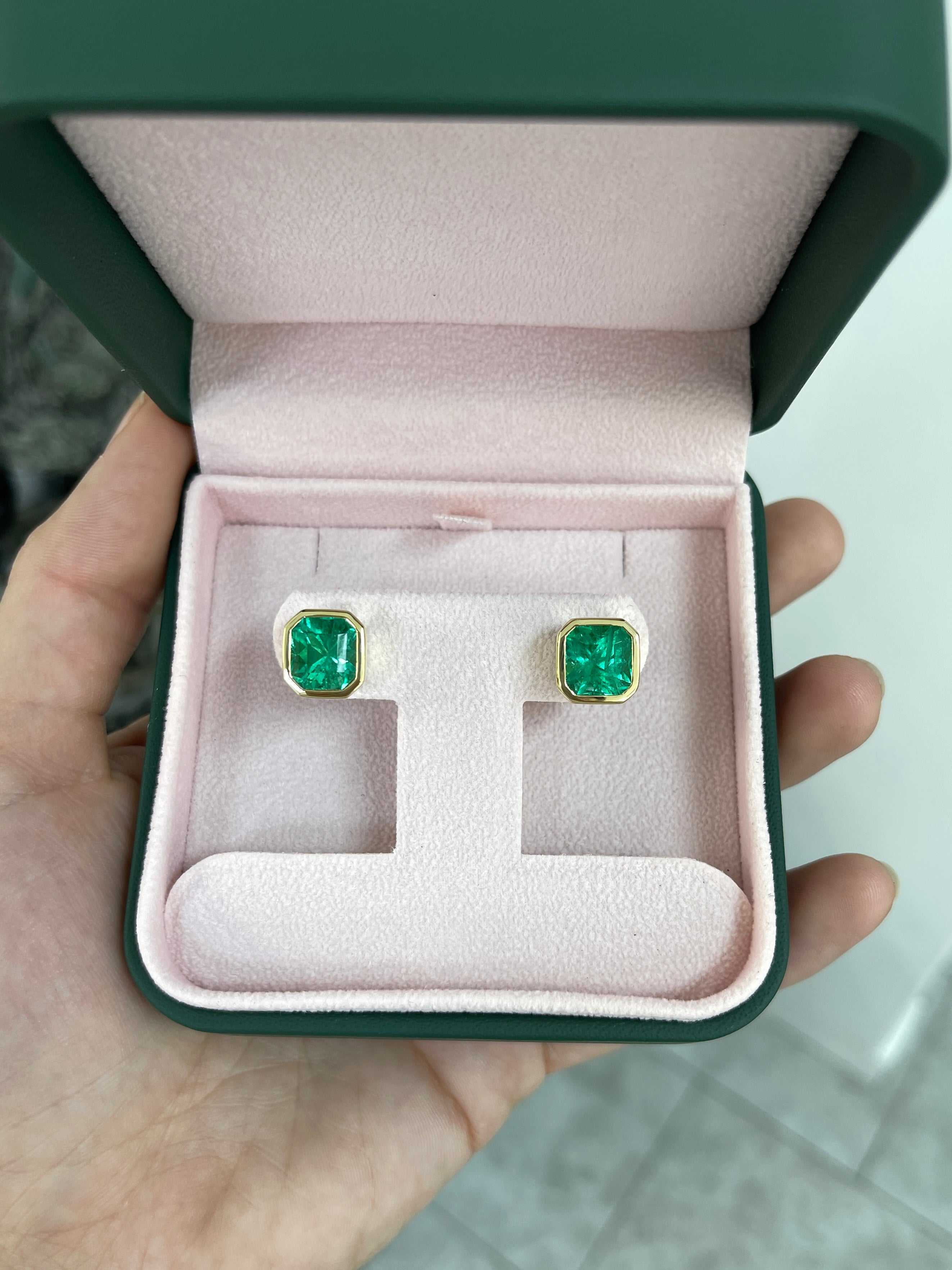 7.70tcw AAA+ Colombian Emerald Bezel Set Earrings - Angelina Jolie Style Luxury Jewelry for Women, Perfect for Weddings, Parties & Special Occasions