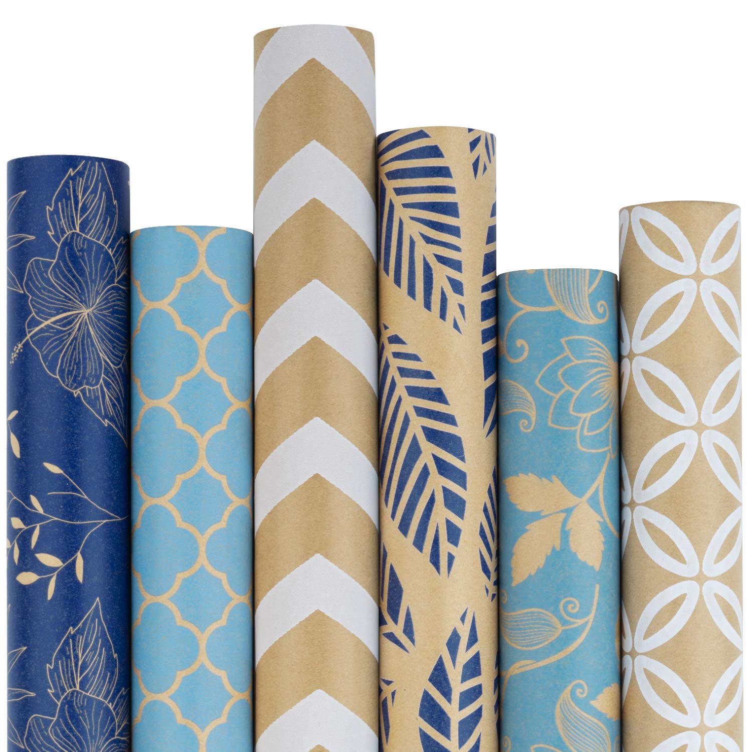 Premium Kraft Wrapping Paper Roll - 6 Rolls Blue & White Patterns for Christmas, Hanukkah, Birthday Gifts - 30