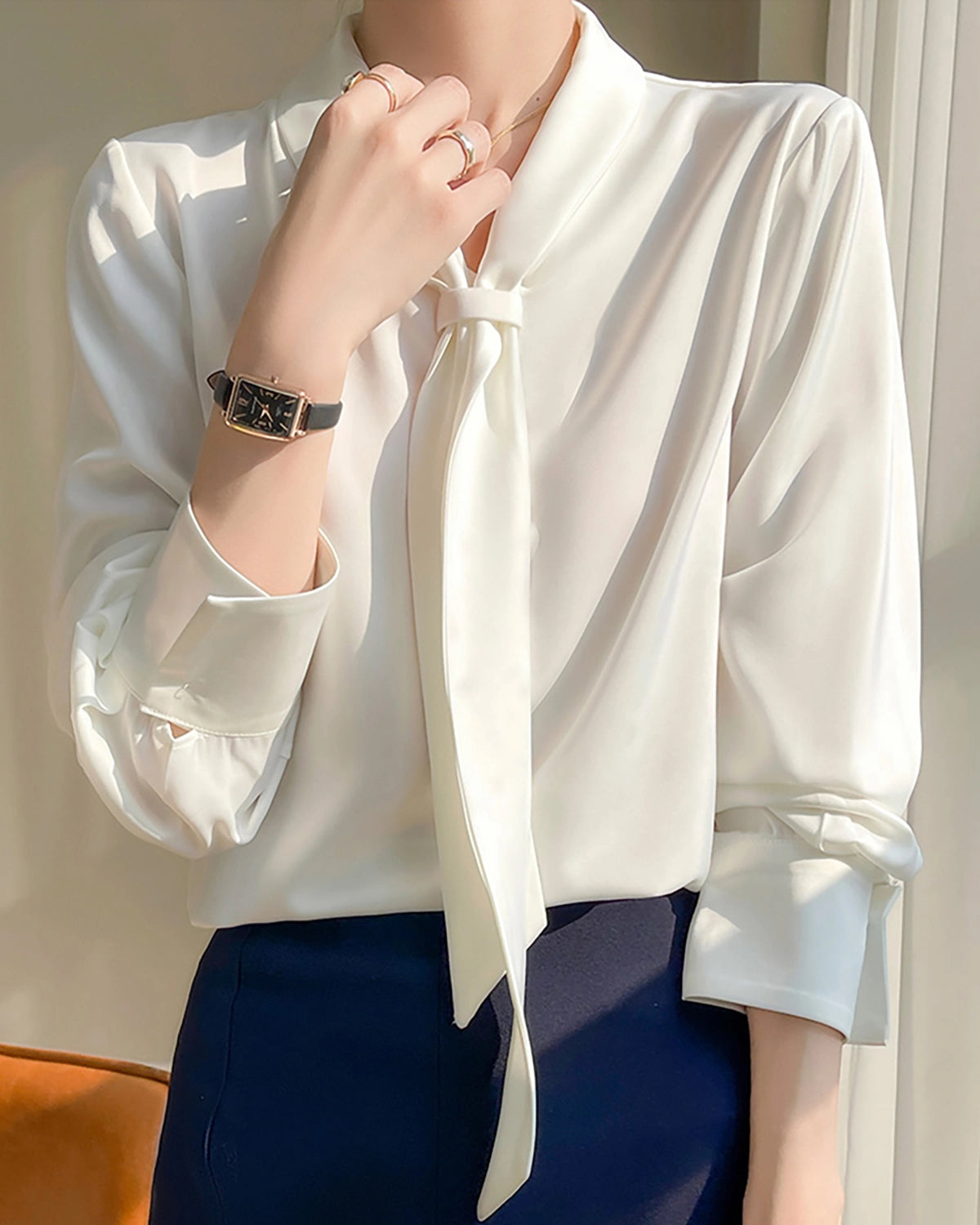 Elegant V-Neck Tie Front Silk Blouse for Women - Luxurious & Breathable - Perfect for Office, Date Night & Special Occasions