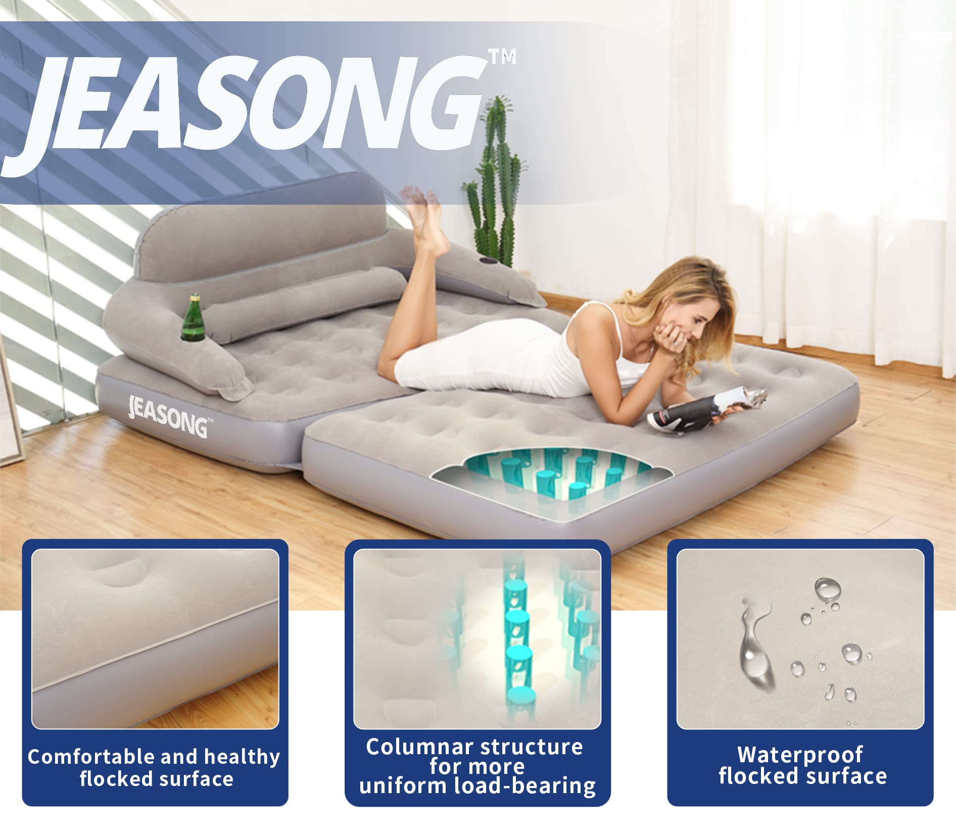 **JEASONG Inflatable Chair Air Couch with Pump - Portable Camping Air Mattress & Sofa Bed with Backrest - Multi-Mode Use for Indoor, Outdoor, Beach & Travel - Compact & Easy to Store**