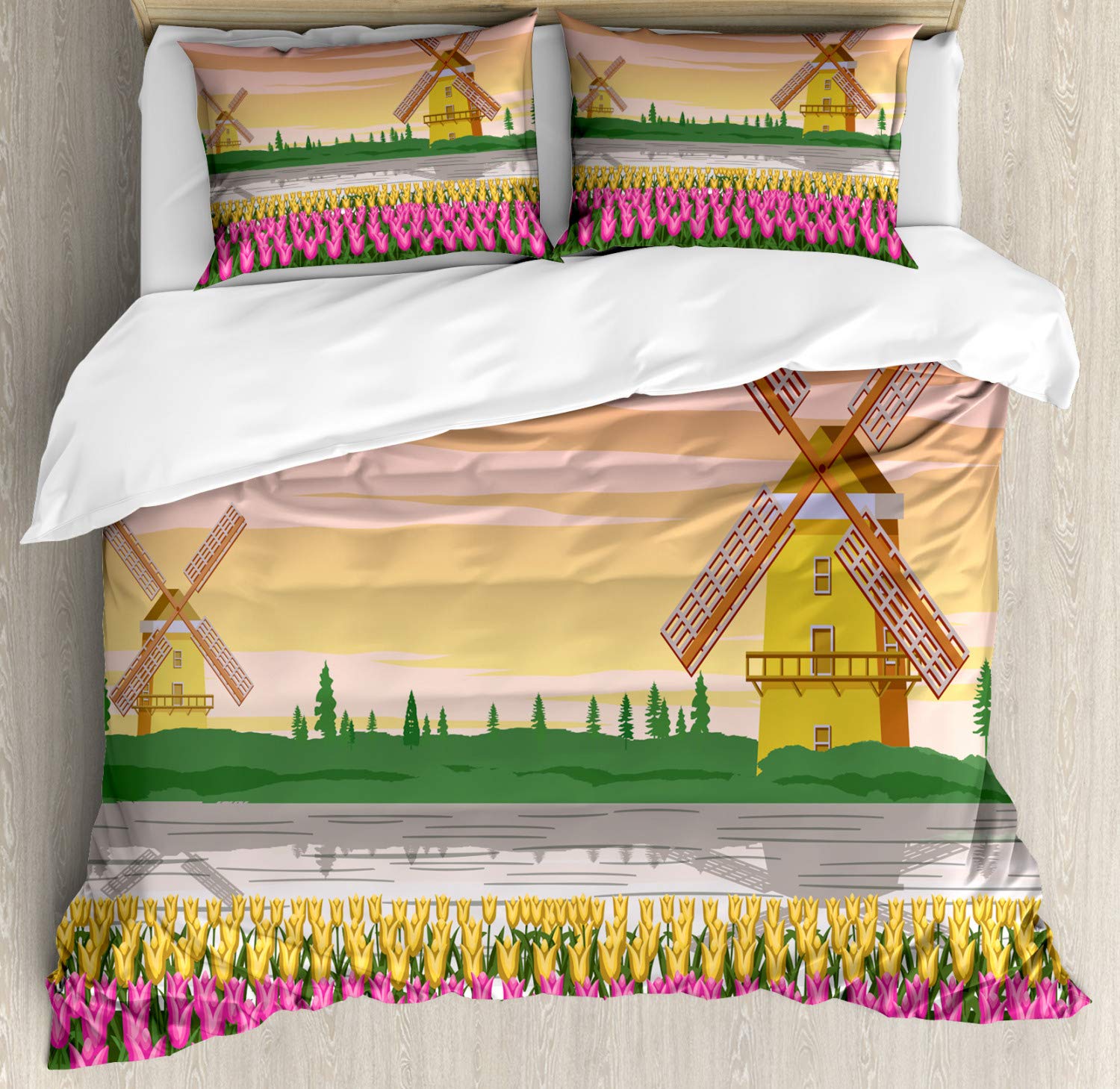 Ambesonne Amsterdam Duvet Cover Set - Vibrant Botanical Tulips & Windmills Design, 3-Piece King Size Bedding with 2 Pillow Shams | Dutch Inspired Home Decor for Master Bedroom, Guest Room & Vacation Rental
