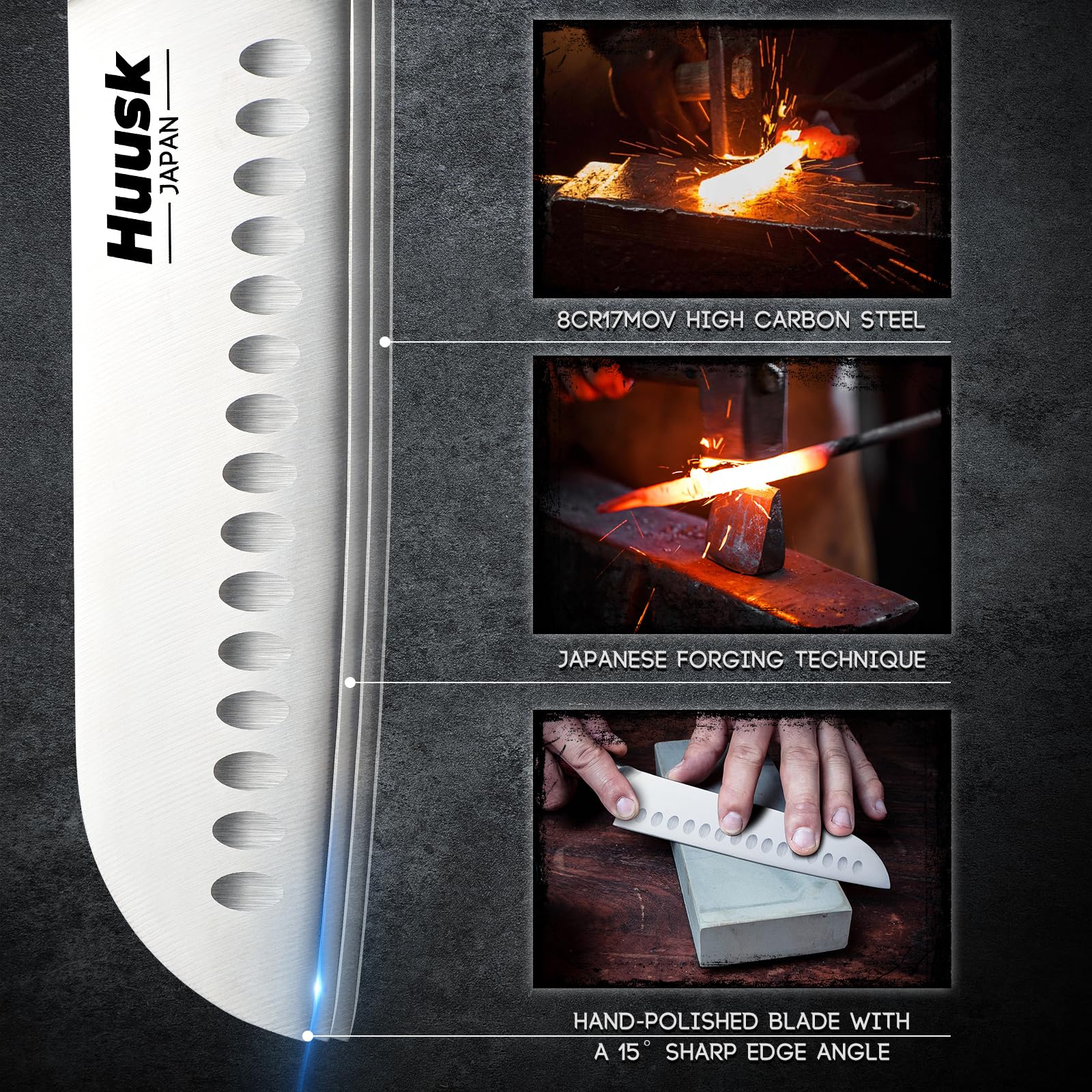 Huusk Japanese 7 Inch Santoku Knife - Ultra Sharp High Carbon Steel Blade, Professional Ergonomic Handle - Perfect for Home Kitchen, Slicing & Dicing - Ideal Gift for Men & Women (Father's Day, Christmas)