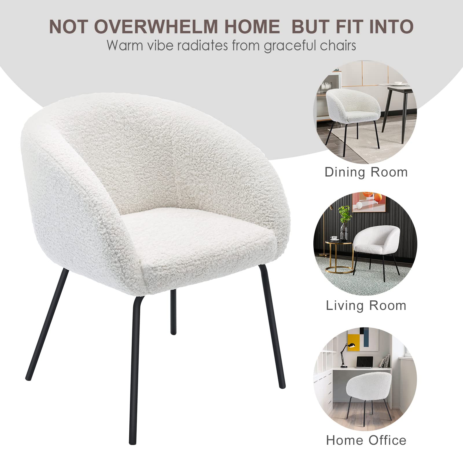 Zesthouse Modern Sherpa Desk Chair with Arms - Upholstered Vanity Chair with Back Support for Makeup, Bedroom, Living Room - Barrel Accent Armchair with Sturdy Metal Legs (No Wheels, White) - Perfect for Home Office, Dressing Room & Cozy Reading Nook