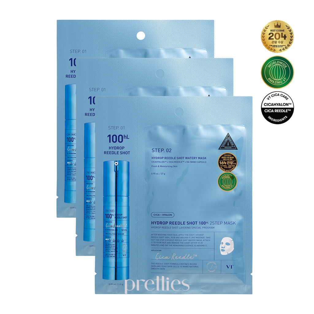 VT Hydrop Reedle Shot 100 2 Step Facial Mask (1pc) x3 Pack - Korean Skincare for Hydration & Brightening | Perfect for Daily Routine & Spa Night