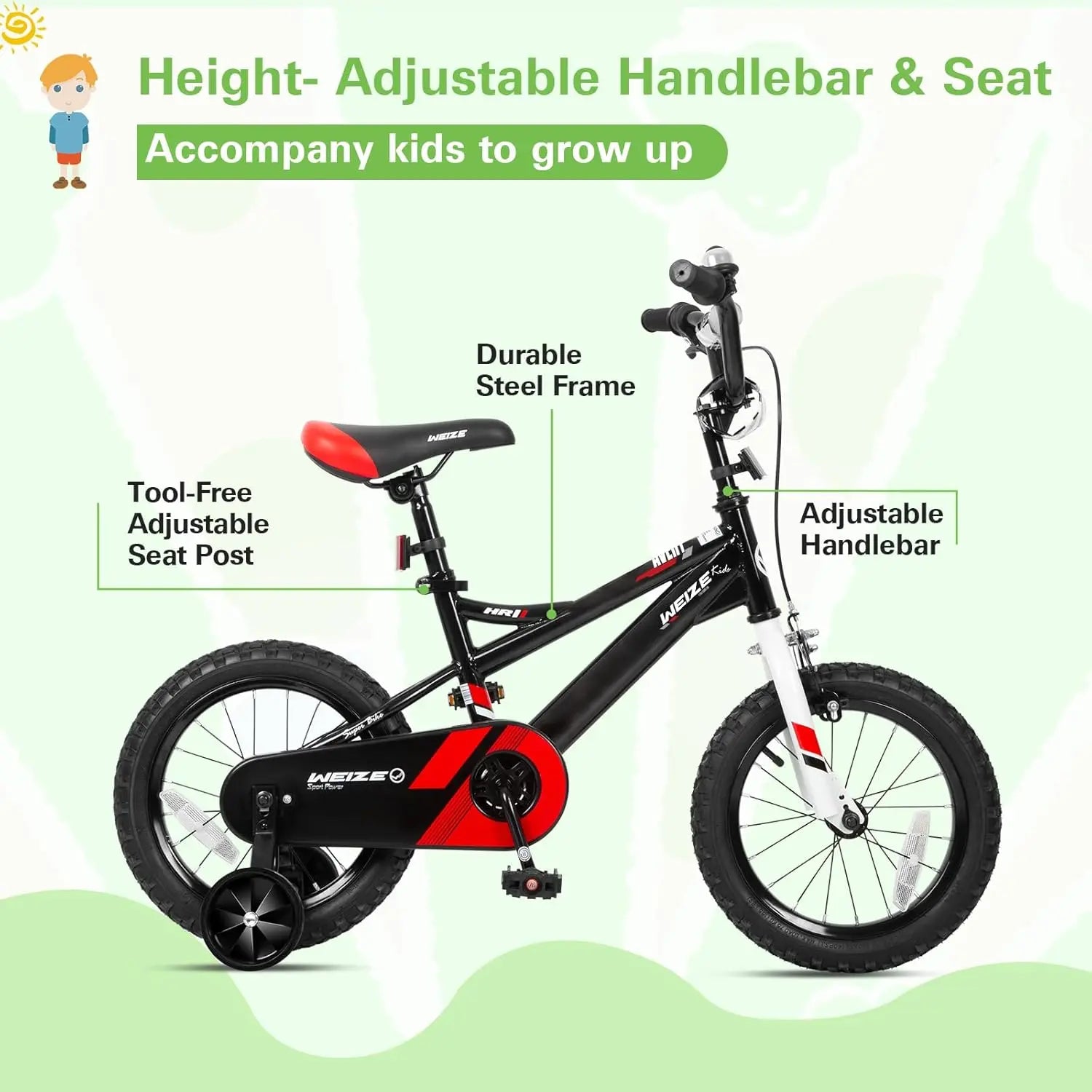 WEIZE 14-20 Inch Kids Bike for Boys & Girls Ages 3-12 Years | Adjustable Height 35-60 Inch | Coaster Brake Safety Bicycle | Black - Perfect for Neighborhood Rides, Park Adventures & Learning to Cycle