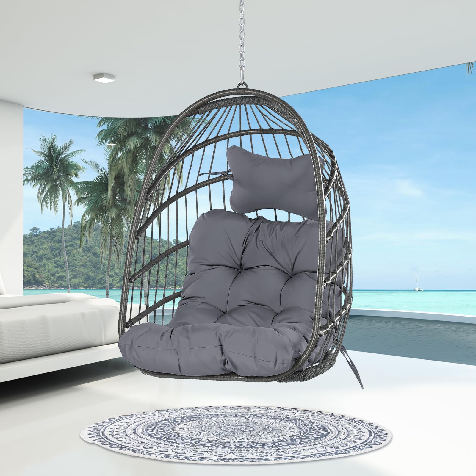 NICESOUL 300lbs Capacity Egg Chair - Indoor/Outdoor Hanging Swing Chair with Cushions, Patio Wicker Hammock for Bedroom, Porch, Deck, Balcony (Gray, Without Stand) - Perfect for Relaxing, Reading & Lounging in Your Garden or Living Space