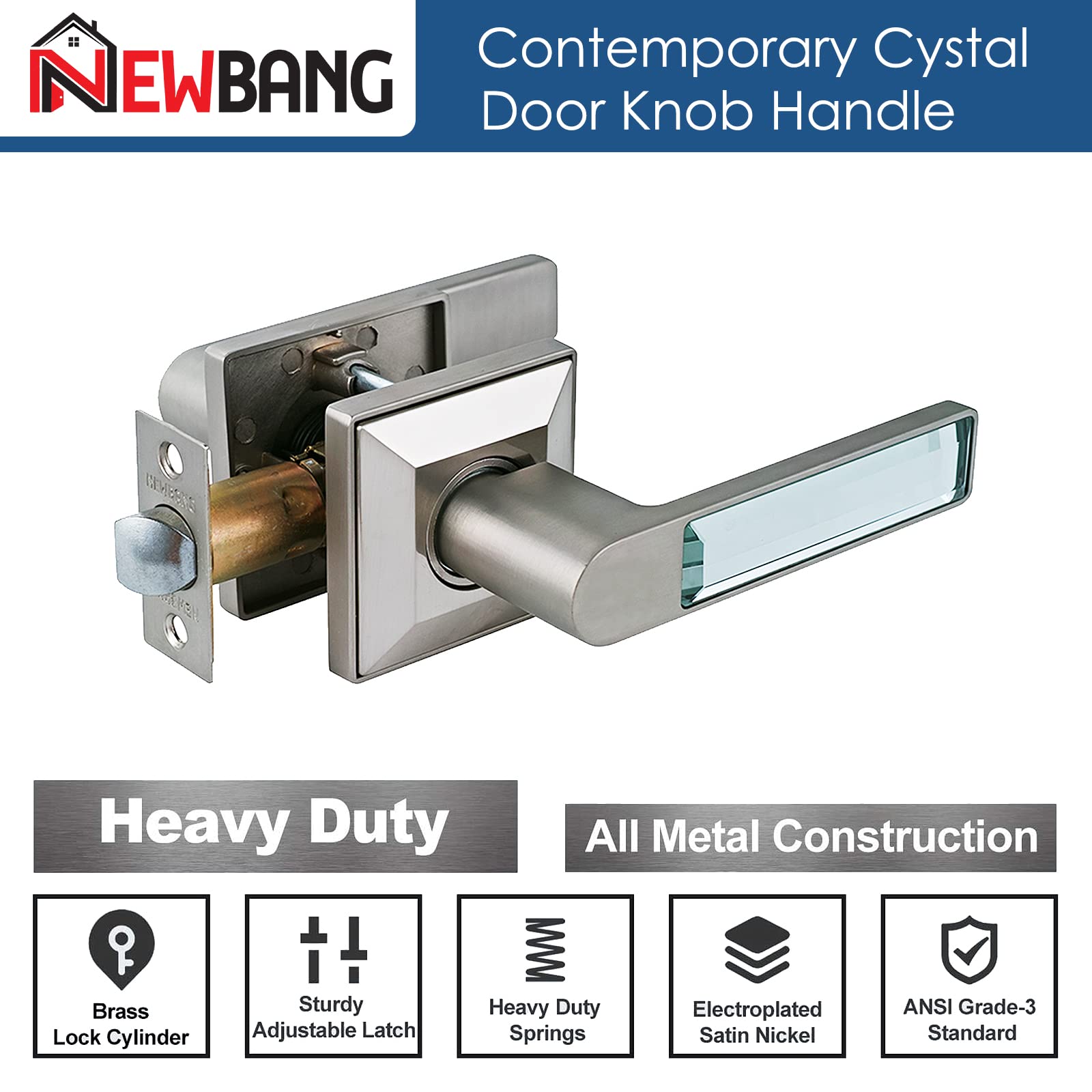 Heavy Duty Hall & Closet Door Lock with Glass Crystal Handle - Brushed Nickel Finish for Interior Passage Doors | Secure Bedroom, Bathroom & Kids Room Safety